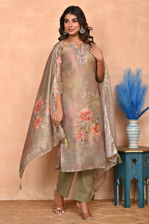 Stylish Olive Straight Cut Suit with Elegant Embroidery on Shimmer Linen