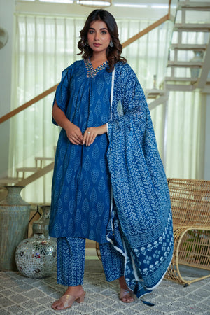 Leaf Motif Printed Pure Cotton Straight Suit in Classic Navy Blue Hue