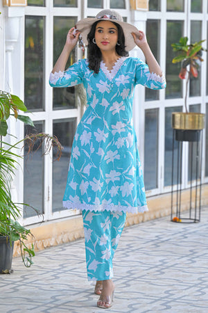 Sky Blue Floral Printed Pure Cotton A-Line Top Bottom Set