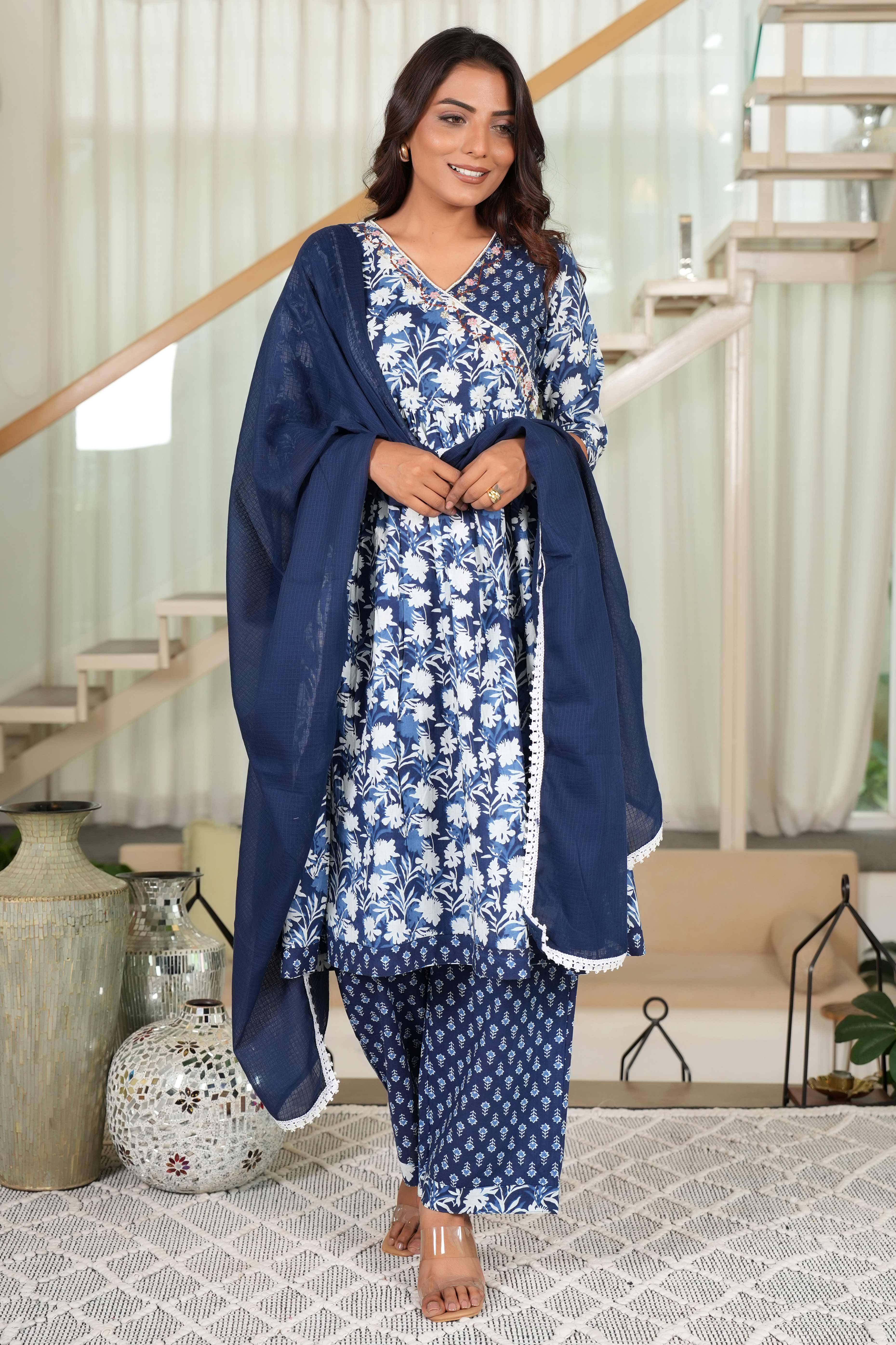 Dark Blue Anarkali Salwar Suit Featuring Floral Prints on Pure Cotton