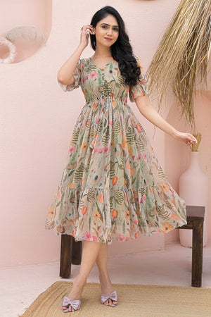 Romantic Pista Green Floral Print Maxi Dress in Sheer Chiffon