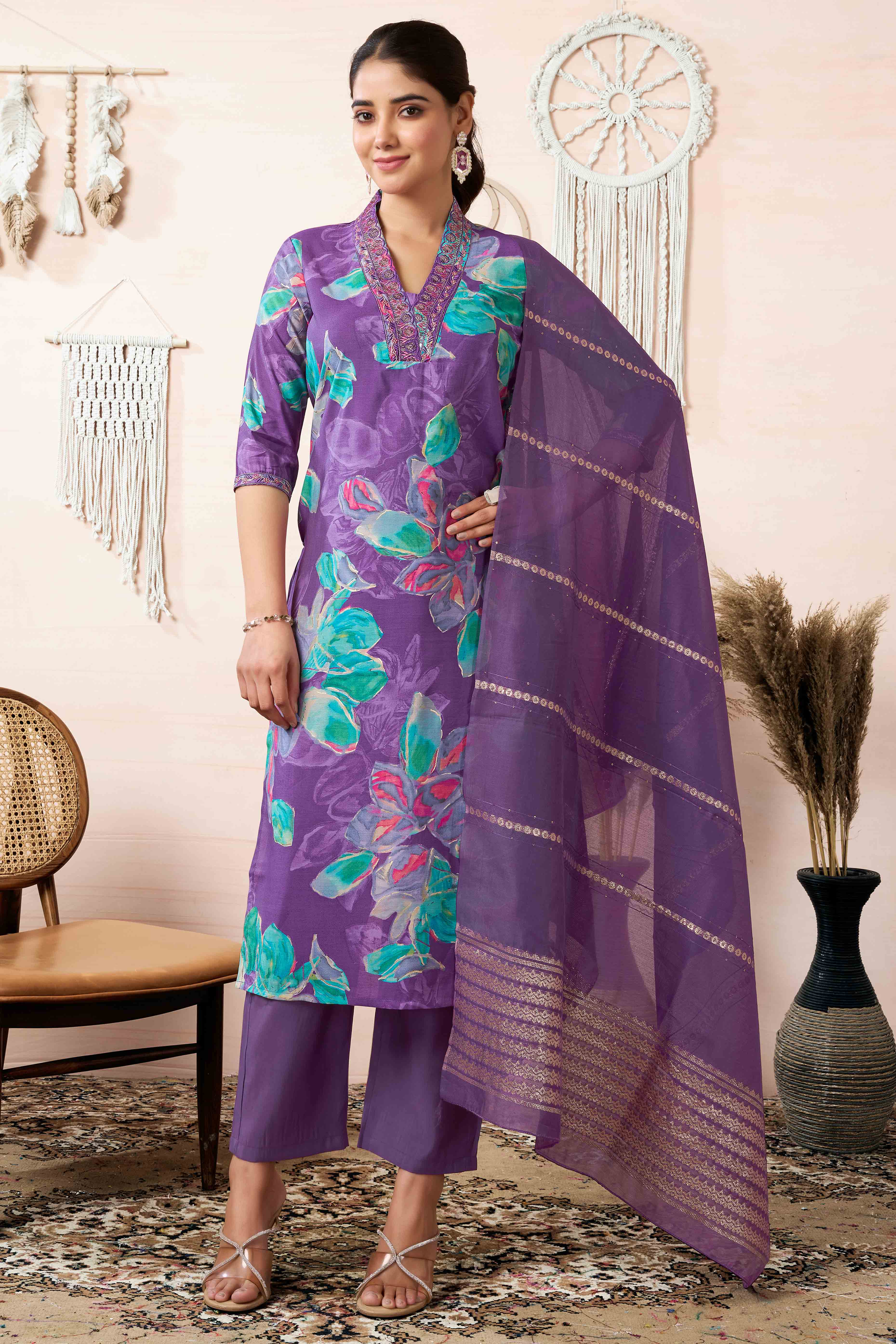 Purple Floral Printed Cotton Silk Straight Salwar Suit