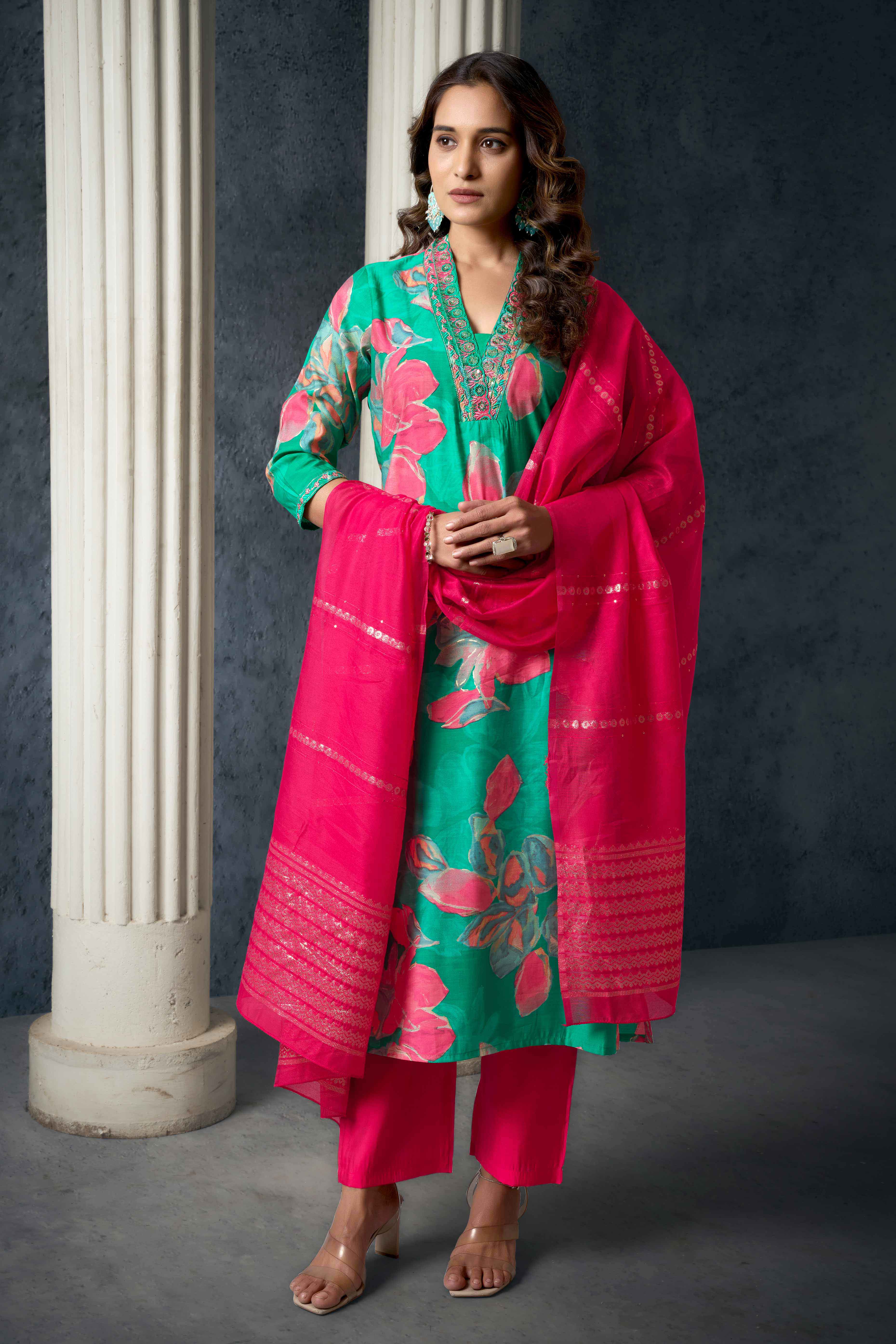 Sea Green Floral Printed Cotton Silk Straight Salwar Suit