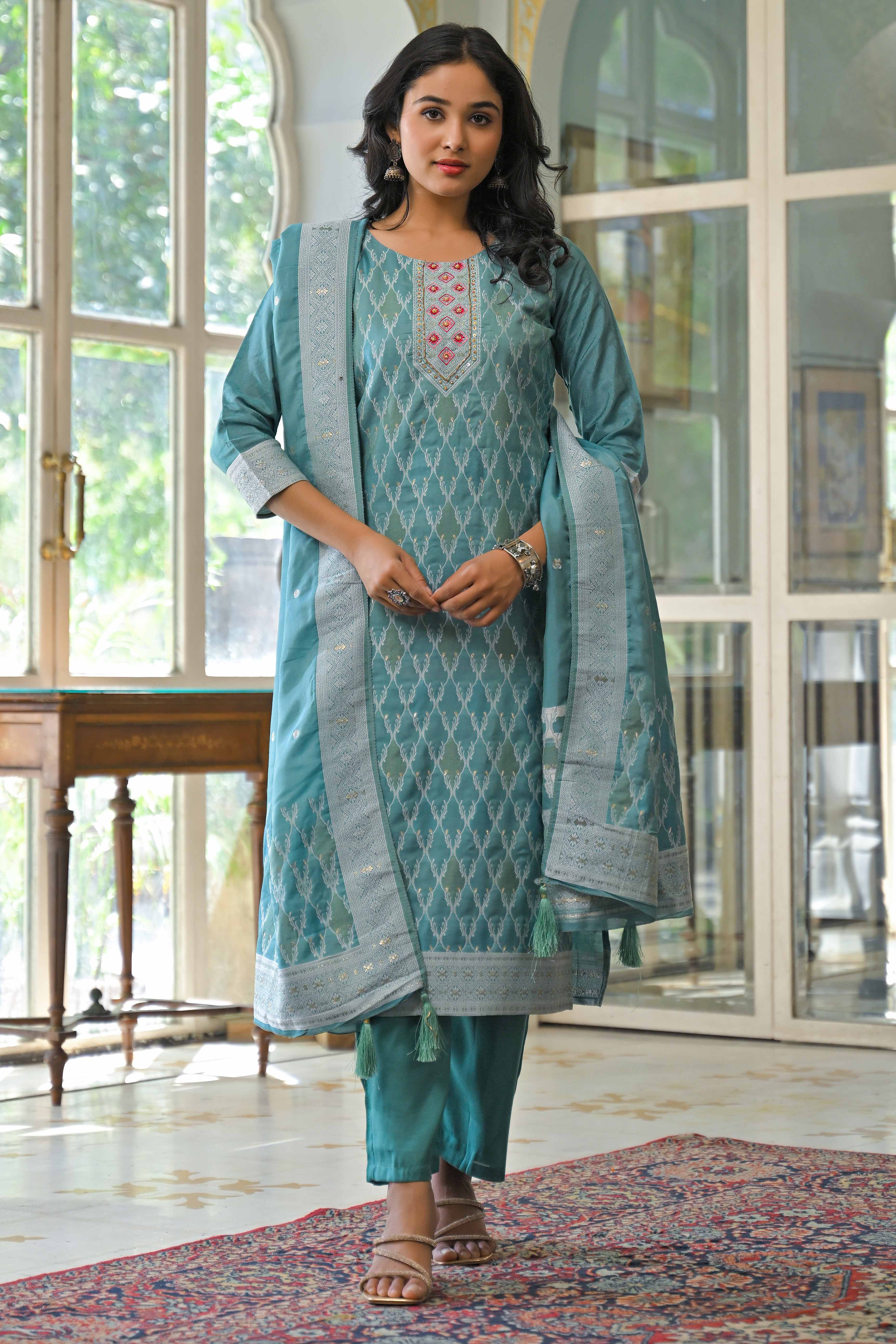 Dark Turquoise Woven With Handwork Jacquard Straight Salwar Suit