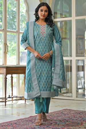 Dark Turquoise Woven With Handwork Jacquard Straight Salwar Suit
