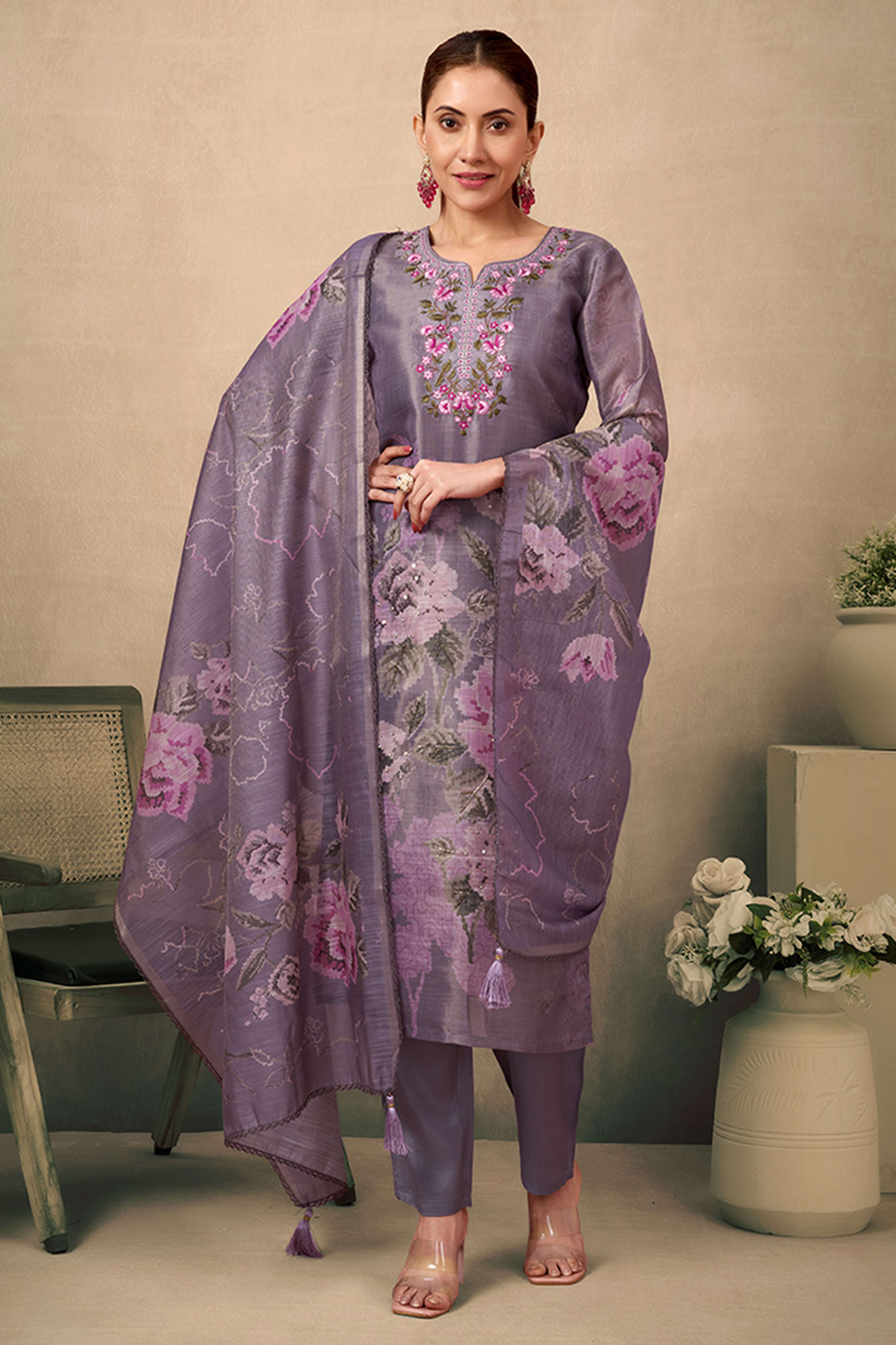 Mauve Floral Printed and Embroidered Straight Suit in Rich Textured Jacquard Fabric