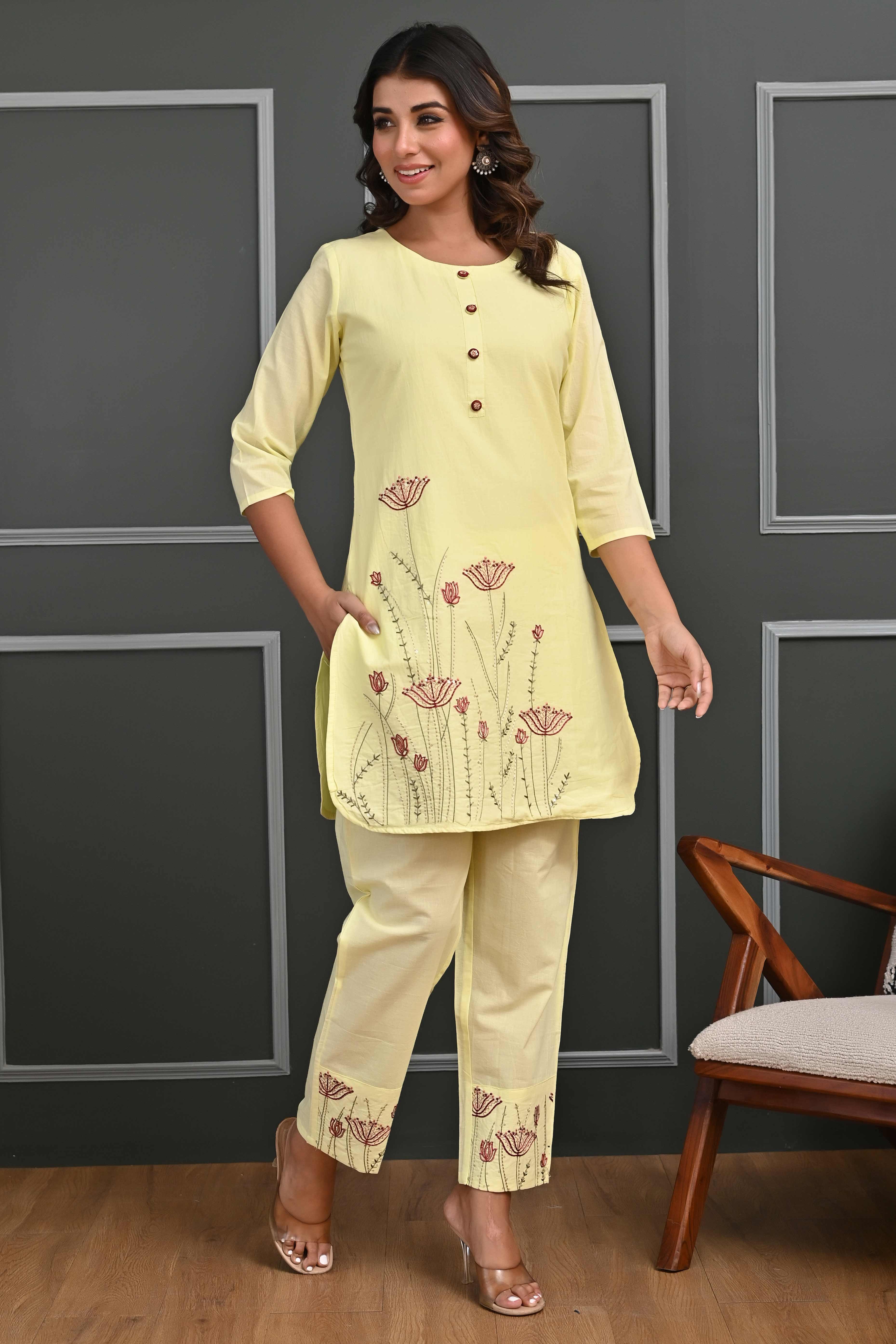 Radiant Yellow Floral Embroidered Co-Ord Set in Breathable Cotton for Stylish Comfort