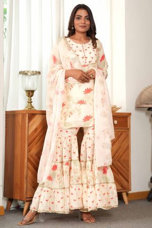 Cream Blossom Printed Florals with Flowy Muslin Sharara Bottom Set