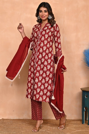 Maroon Floral Printed Salwar Suit in Pure Cotton with Modern Front Slit Styling