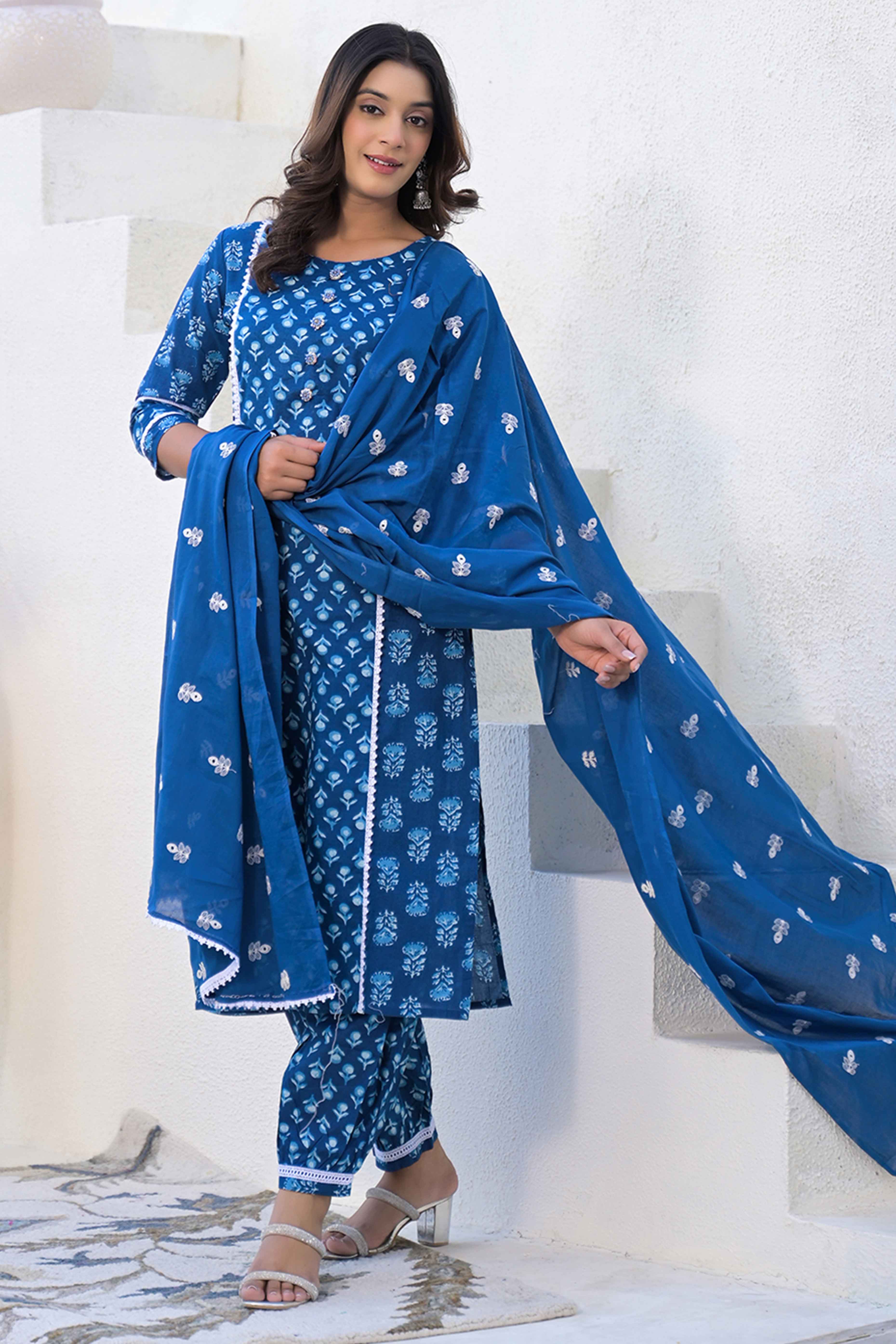 Navy Blue Floral Printed Cotton Suit With Straight Cut Design