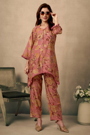 Dark Mauve Pure Cotton Floral Co-Ord Set with Handcrafted Mirror Work