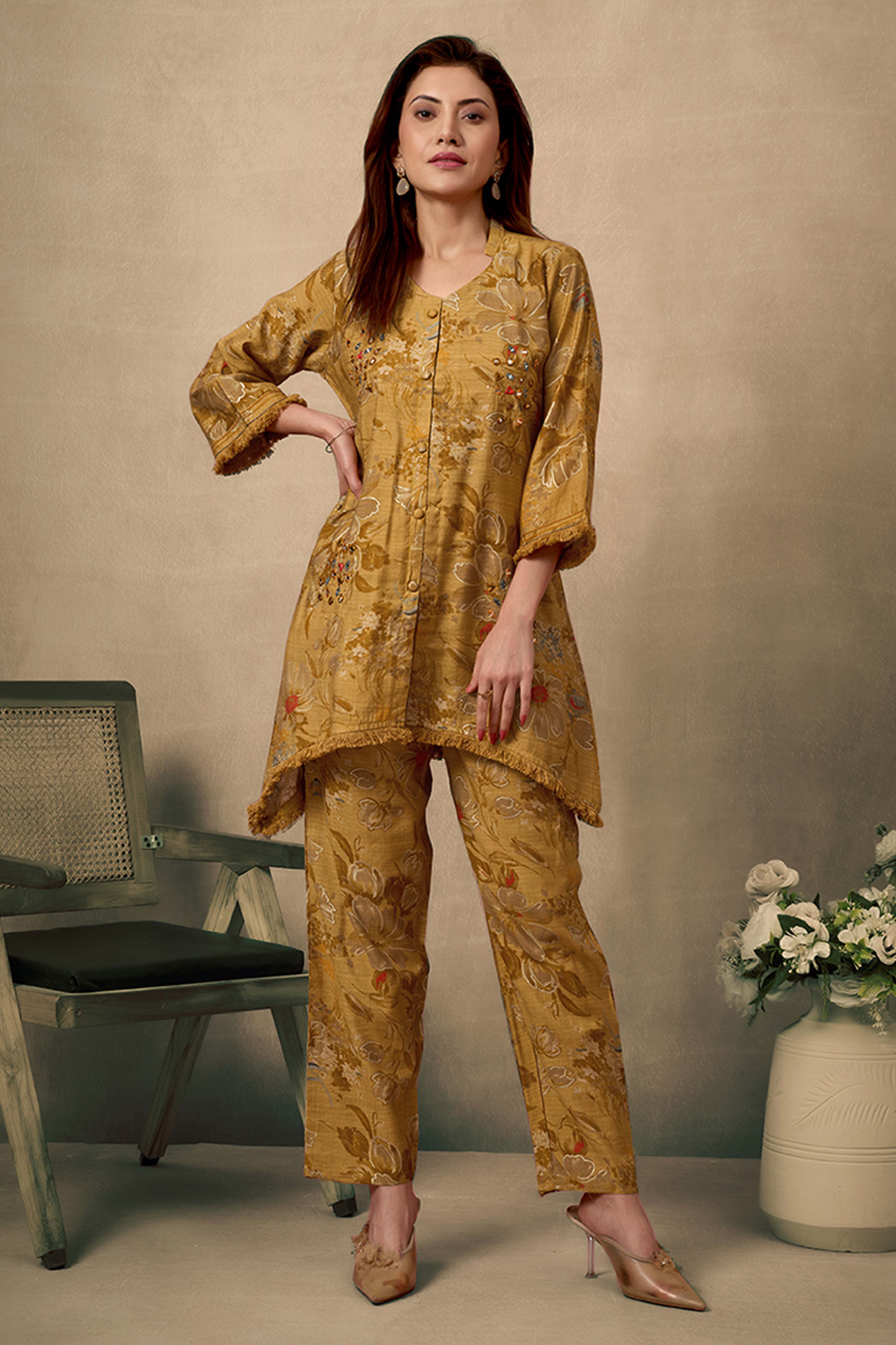 Mustard Pure Cotton Floral Co-Ord Set with Handcrafted Mirror Work