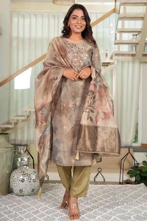 Dark Olive Shimmer Chanderi Silk Suit with Floral Digital Work & Subtle Hand Embroidery