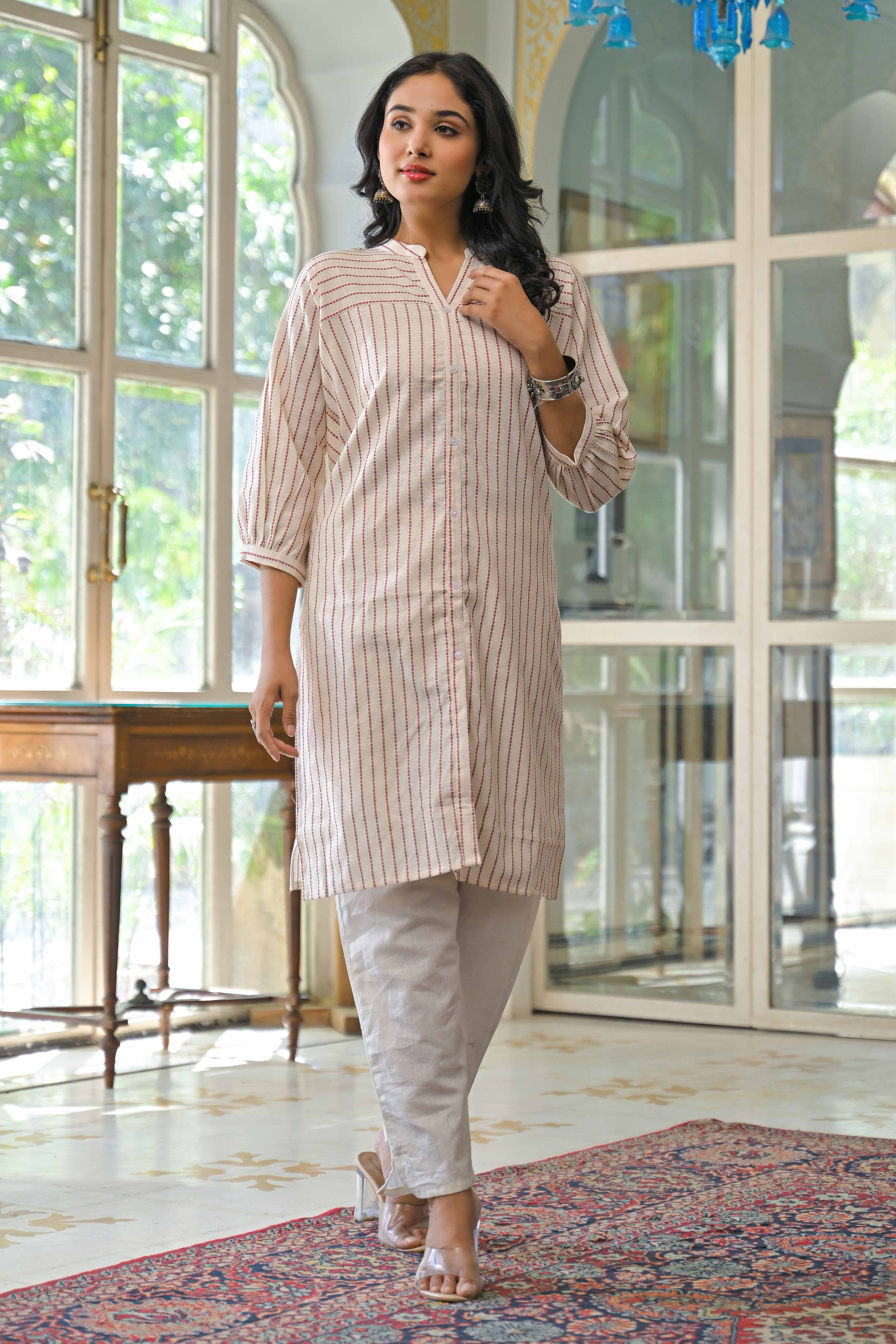 Offwhite Woven Pure Cotton Front Slit Kurti