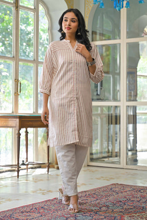 Offwhite Woven Pure Cotton Front Slit Kurti