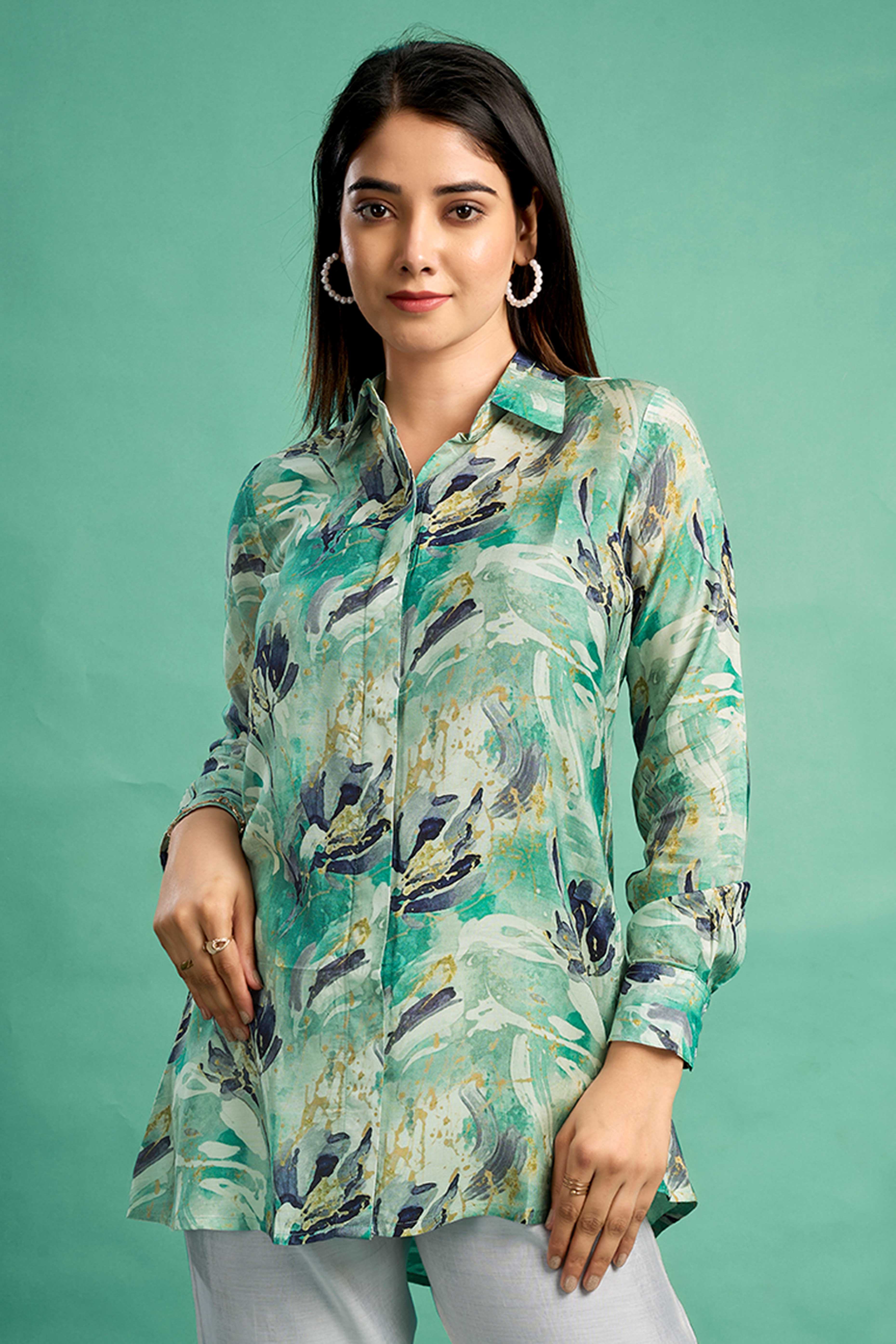 Sea Green Floral Printed Muslin Straight Top