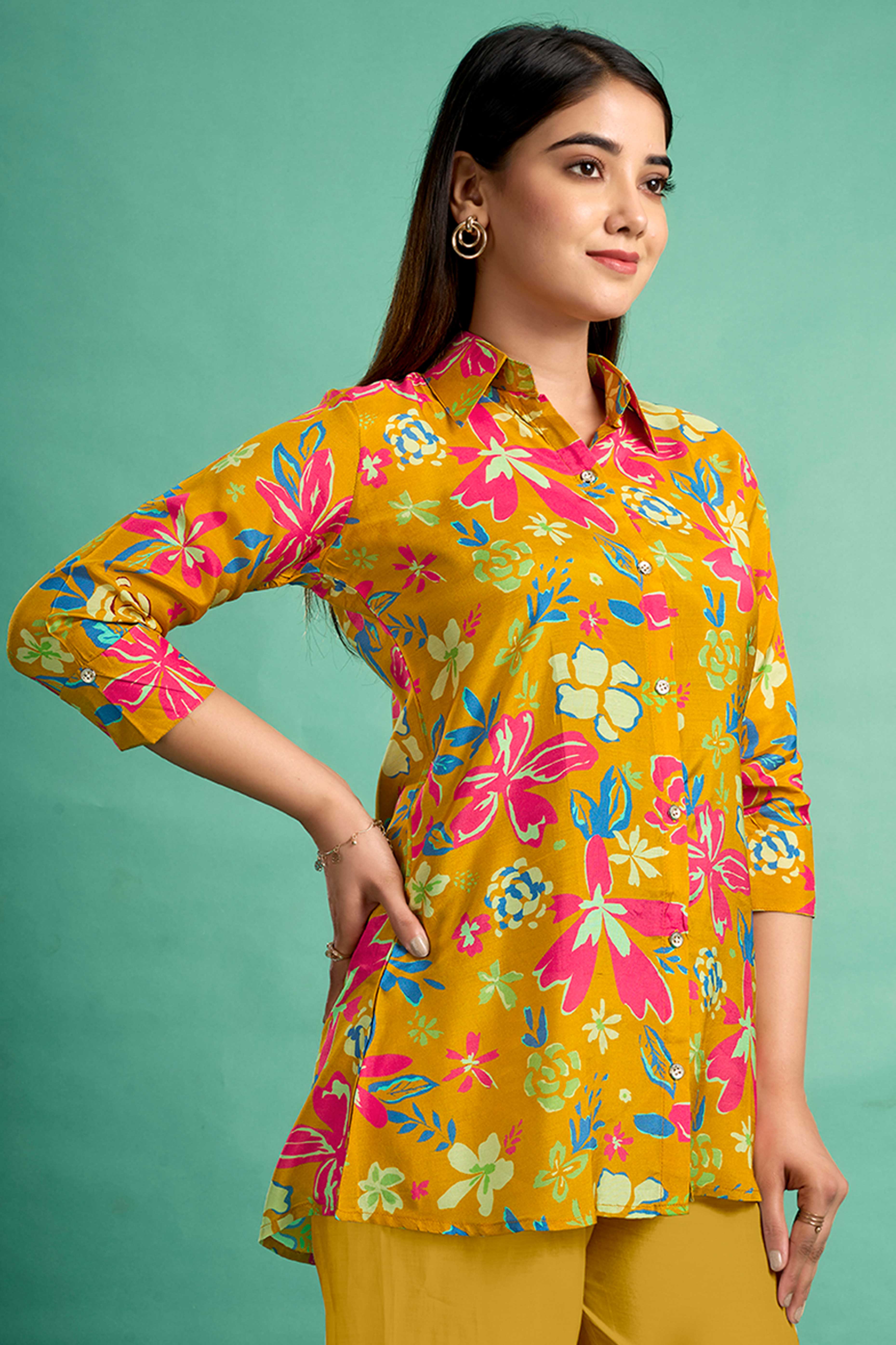 Brown Floral Printed Muslin Straight Top