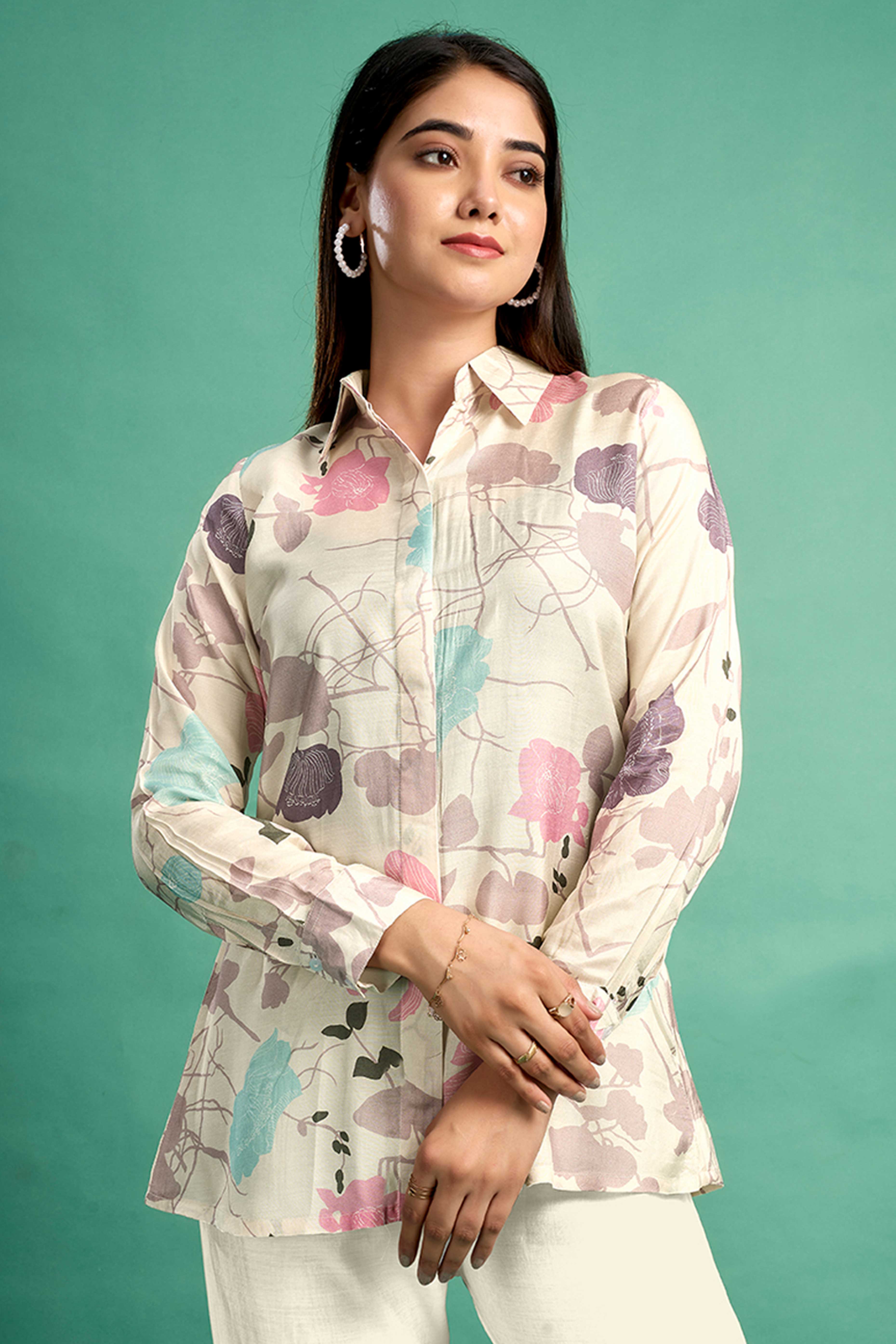 Cream Floral Printed Muslin Straight Top