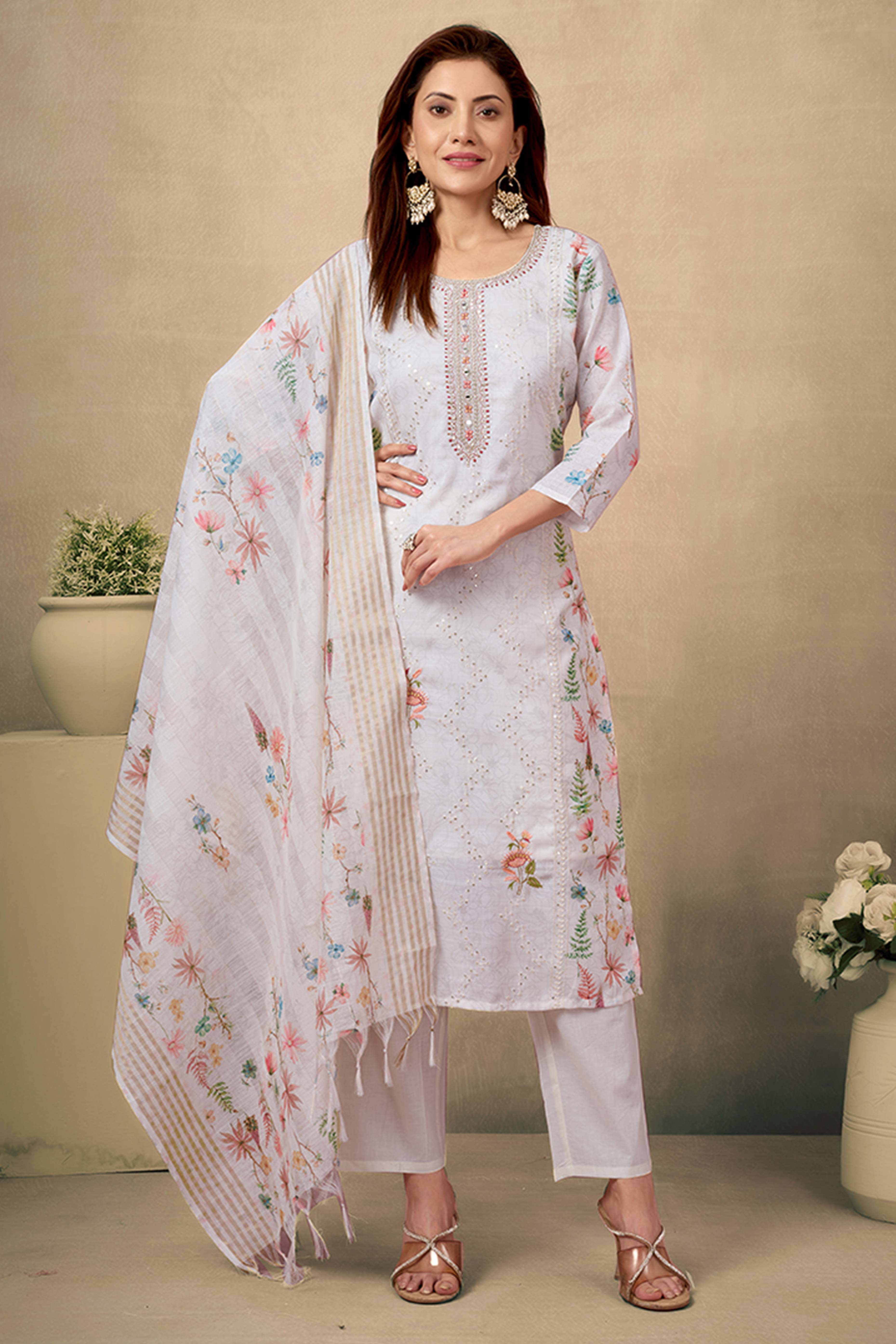 Cream & White Cotton Salwar Suit with Exquisite Floral & Sequin Detailing