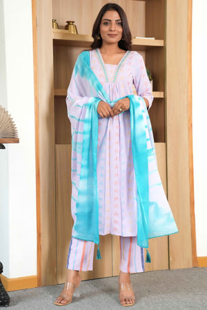 Lavender Textured Weave Pure Cotton Kurta Set – A-Line Style