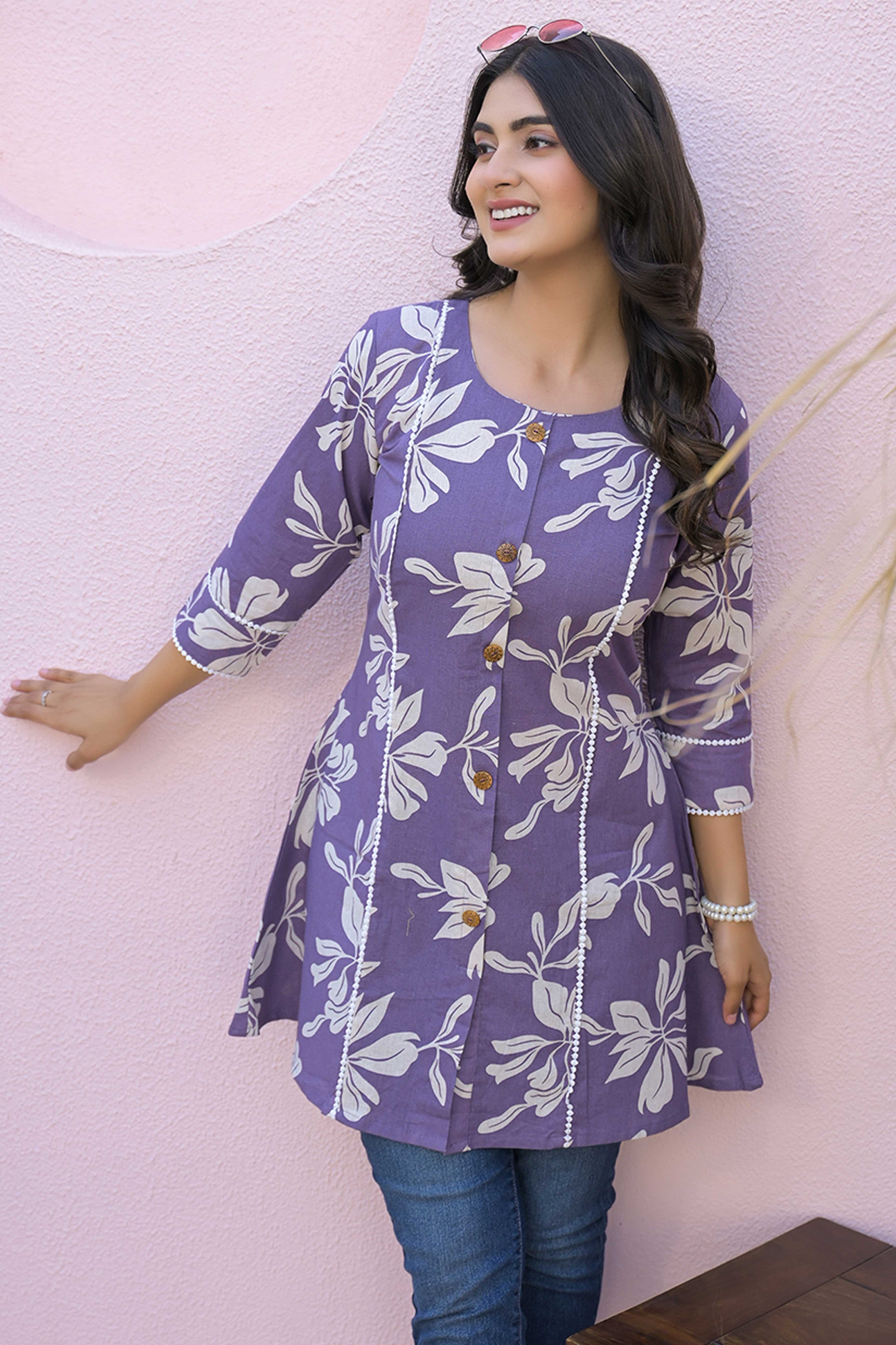 Purple Floral Printed Pure Cotton A-Line Top