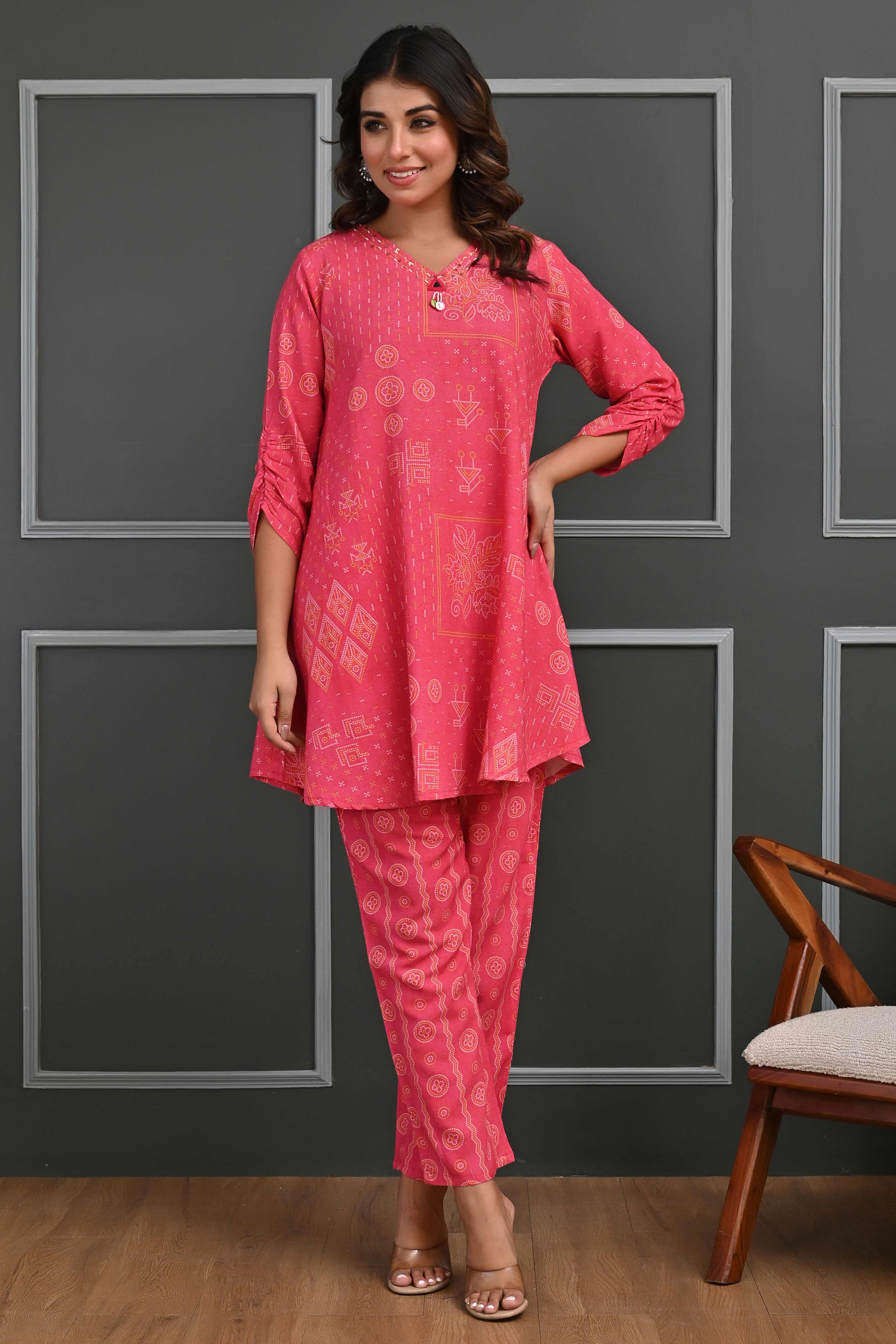 Festive-Ready Rani Pink Bandhani Printed Cotton Flex Straight Fit Co-Ord Set