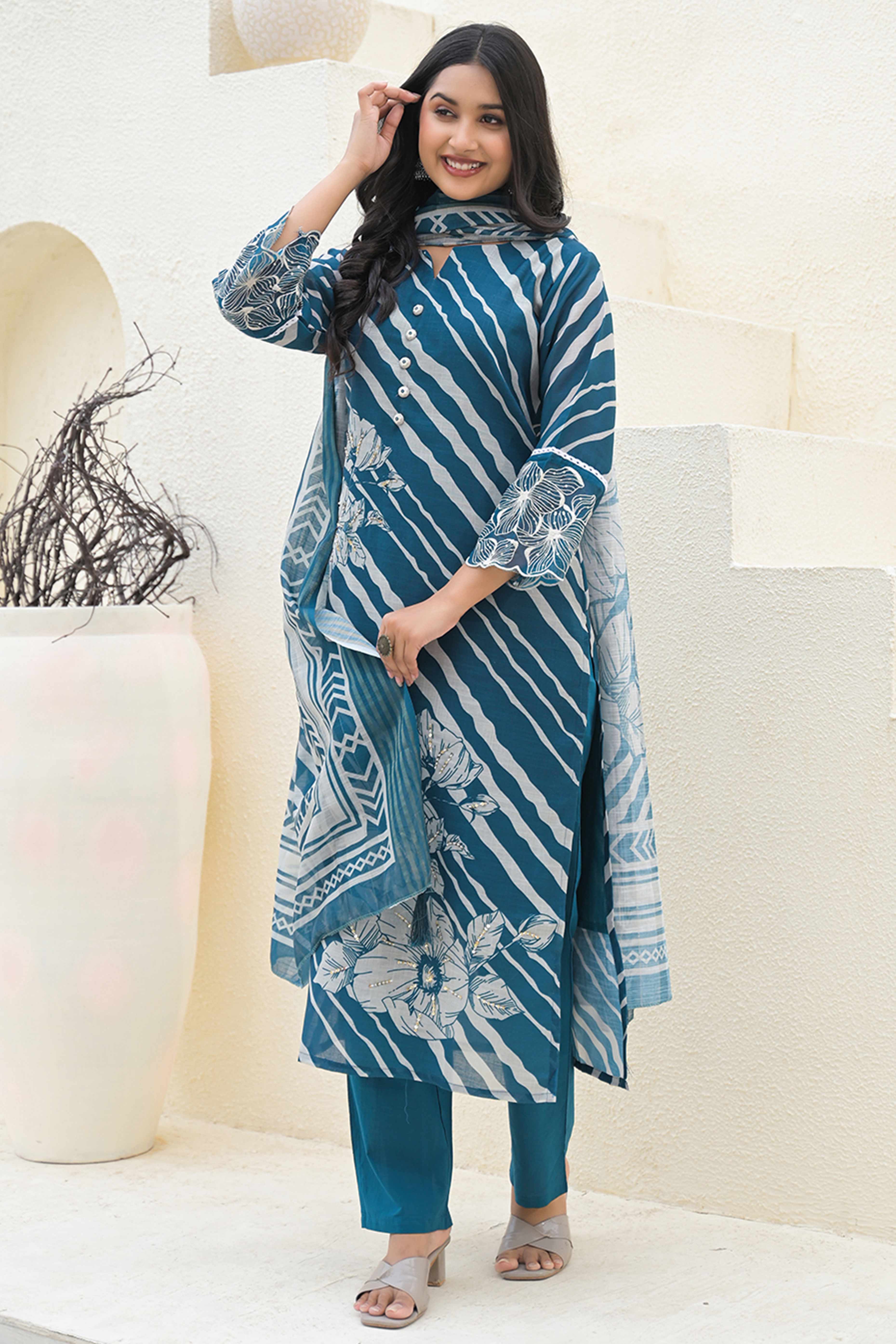 Modern Teal Linen Suit with Artistic Floral Print and Stone Accents