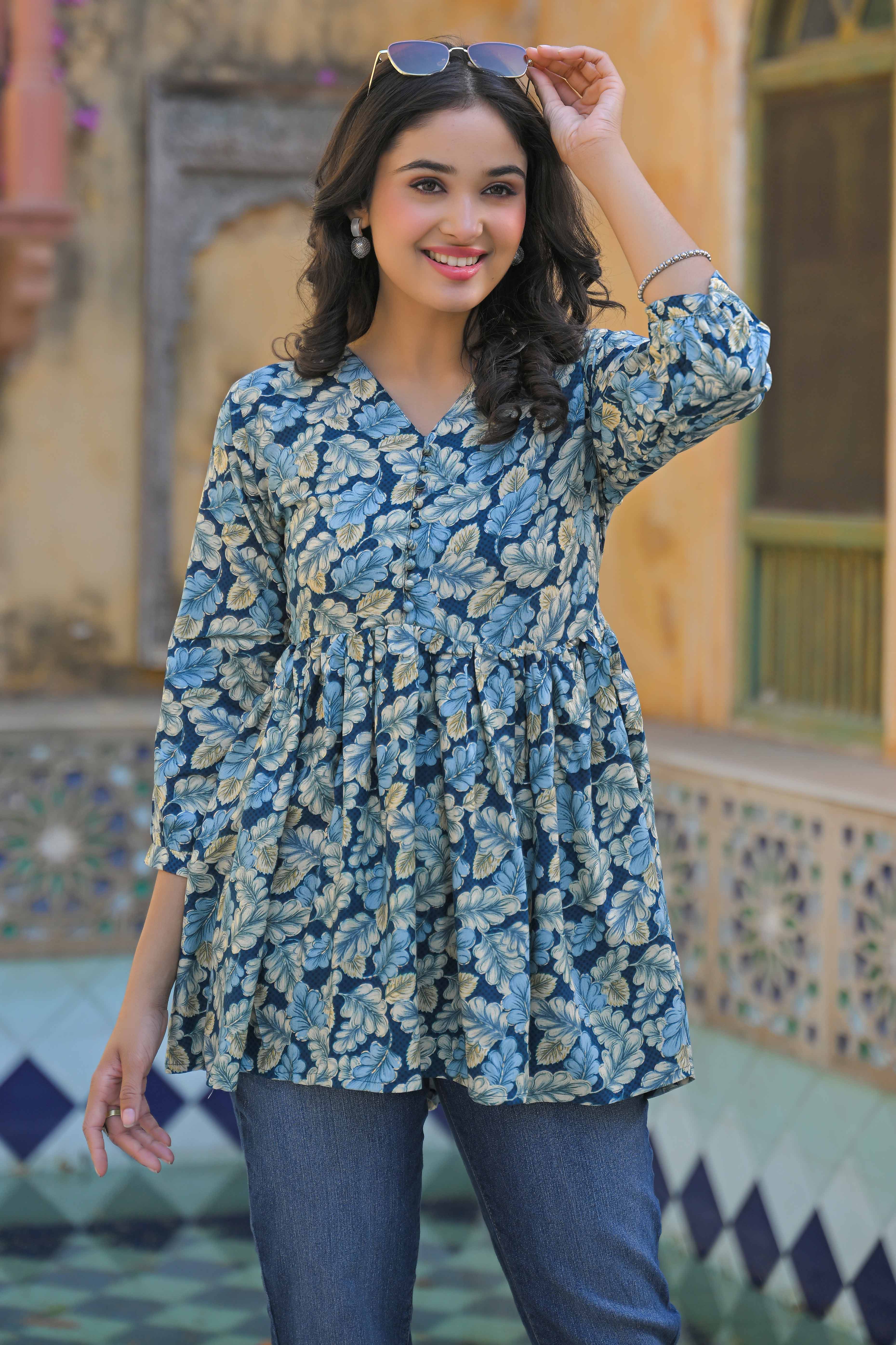 Turquoise Floral Printed Rayon A-Line Top