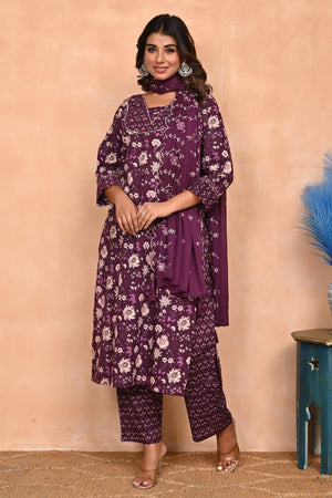 Elegant Wine Floral Printed Salwar Suit With Intricate Sequin Embellishment On Pure Cotton