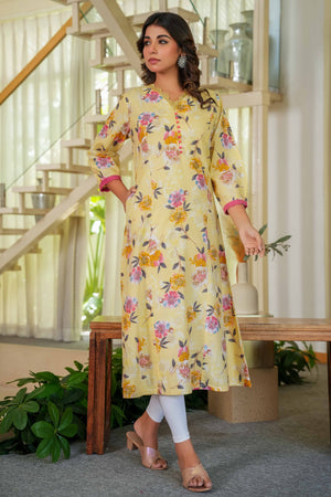 Pure Cotton Yellow Kurti with Feminine Floral Prints and Straight Cut Design