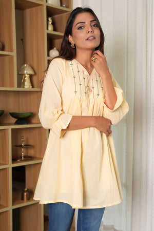 Light Peach A-Line Embroidered Tunic Top in Pure Cotton for Effortless Style