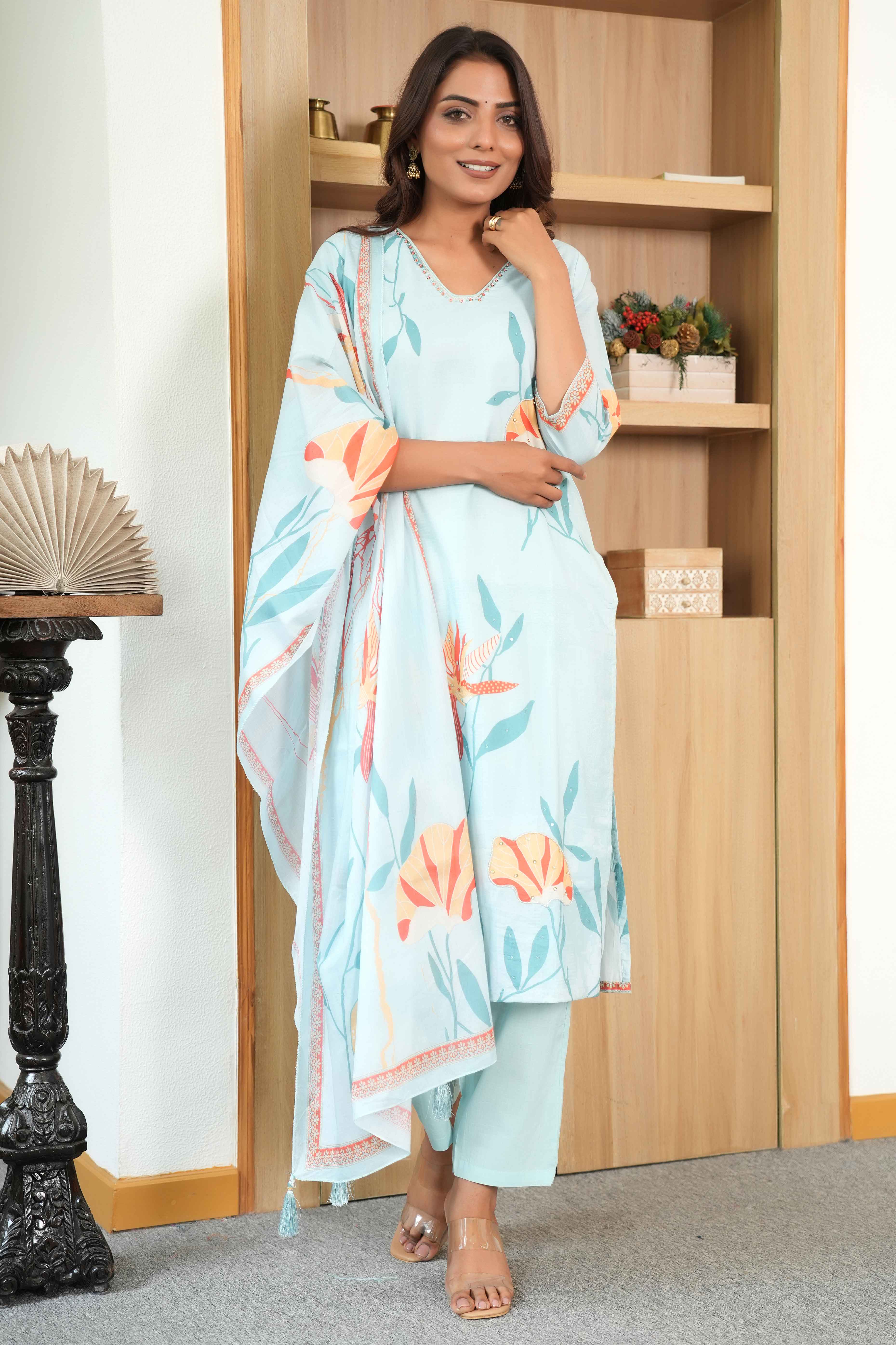 Powder Blue A-Line Kurta Set in Soft Pure Cotton with Floral Design