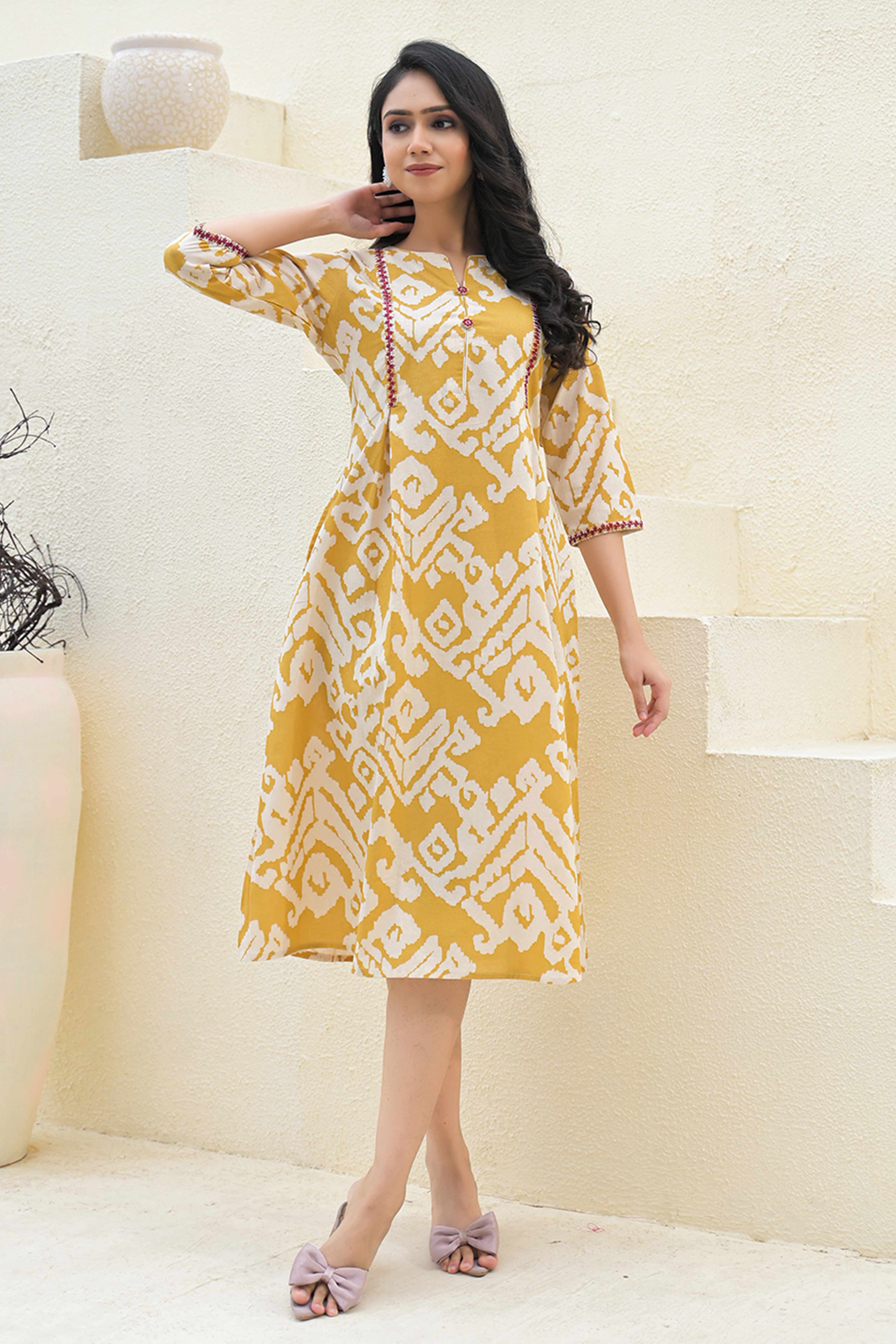 Pure Cotton Mustard A-Line Kurti with Ethnic Ikkat Patterns