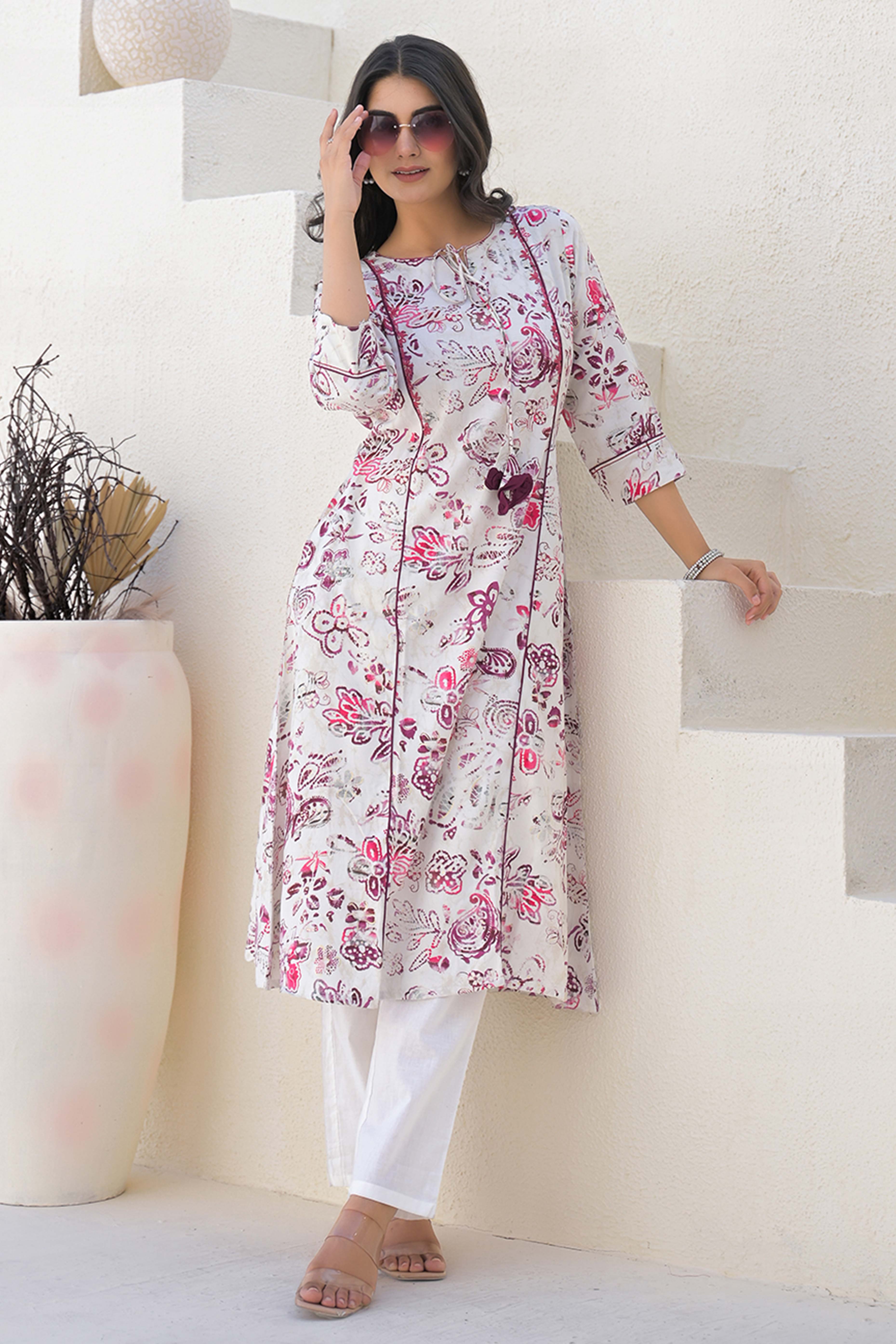 Off White Rayon A-line Kurti With Artistic Floral Prints