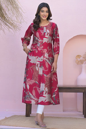 Rani Pink Floral Printed A-Line Kurti in Pure Cotton Fabric