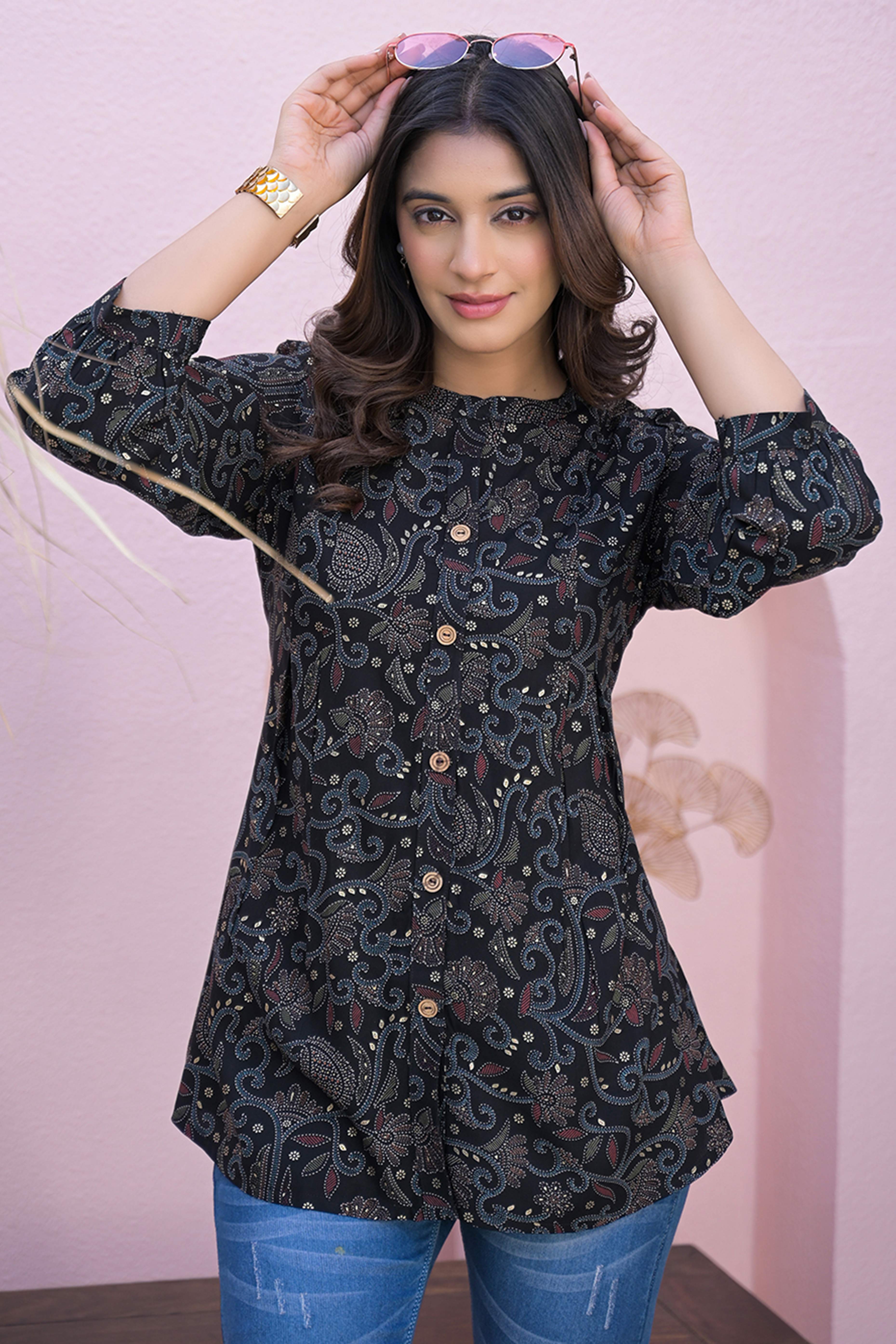 Black Rayon A-Line Top with Elegant Floral Foil Prints