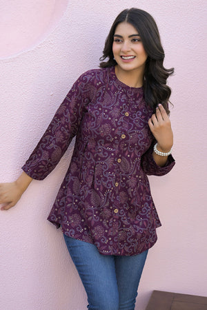 Purple Rayon A-Line Top with Elegant Floral Foil Prints