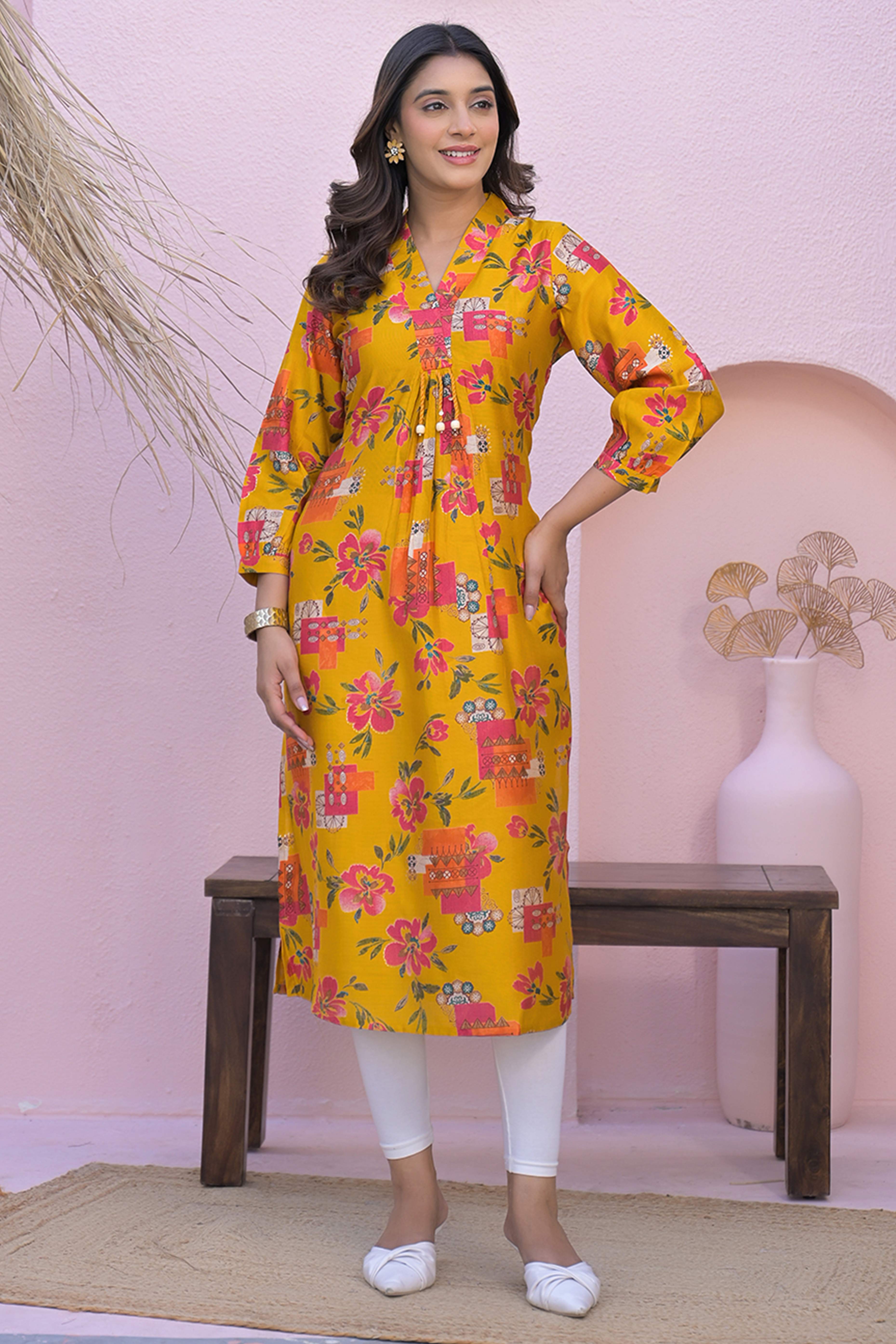Mustard A-Line Kurti in Soft Viscose with Floral Design