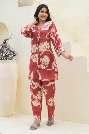 Cherry Red Rayon Co-Ord Set with Straight Cut and Feminine Floral Designs