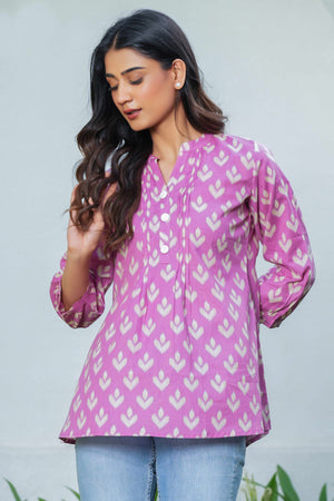 Pink Ikkat Printed Pure Cotton A-Line Tunic for Everyday Wear