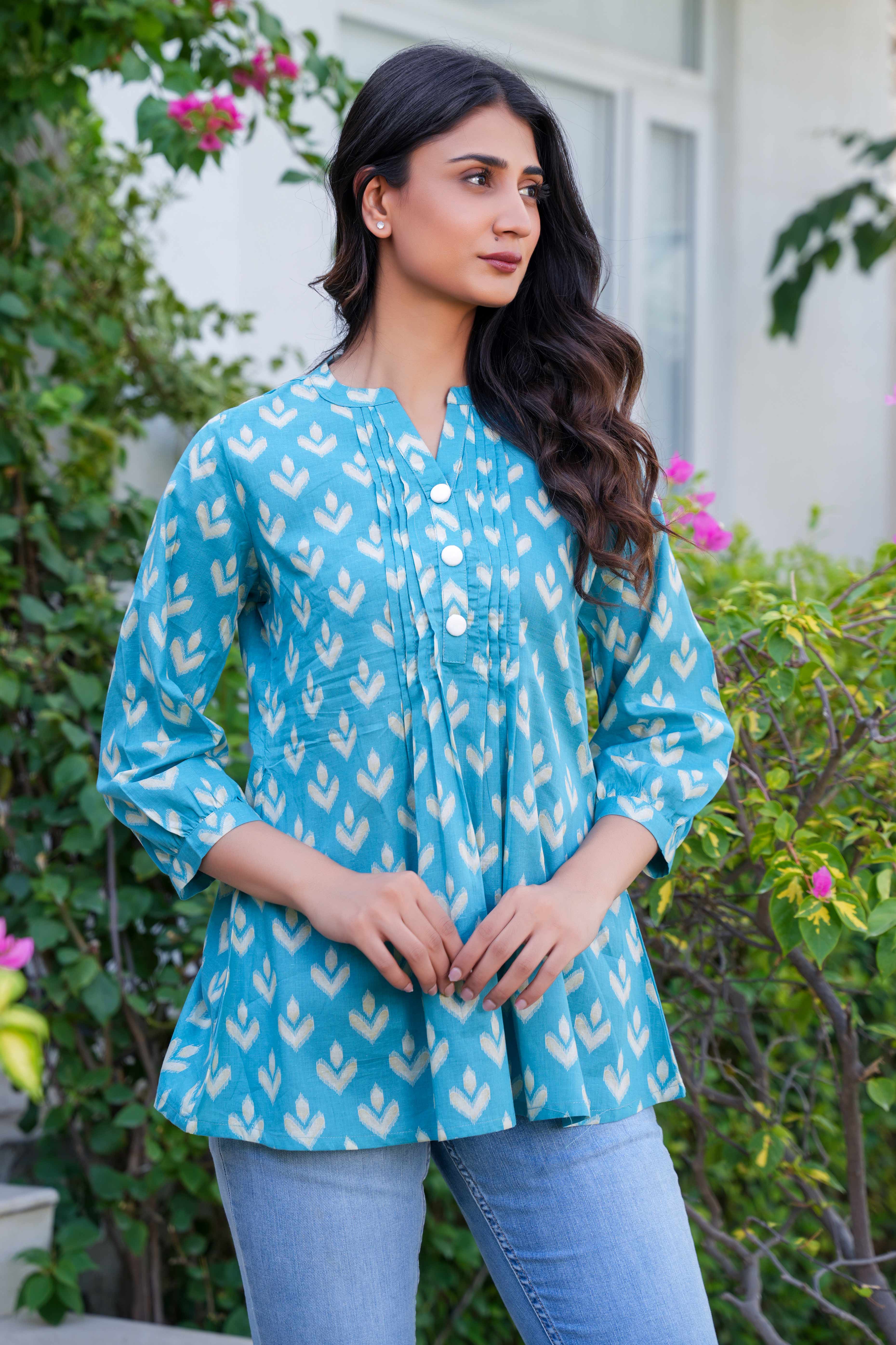 Sky Blue Ikkat Printed Pure Cotton A-Line Tunic for Everyday Wear