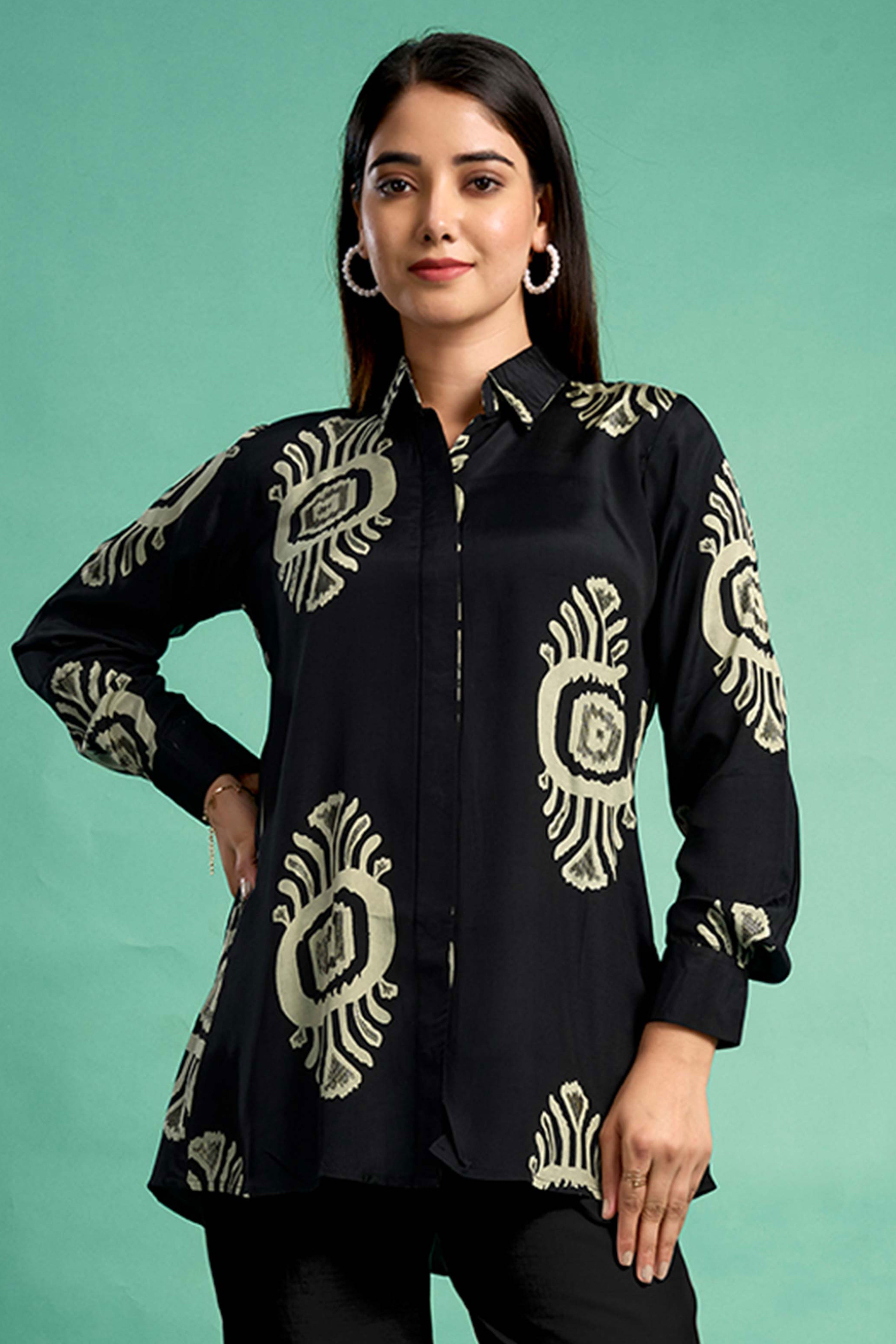 Black Floral Printed Muslin Straight Top