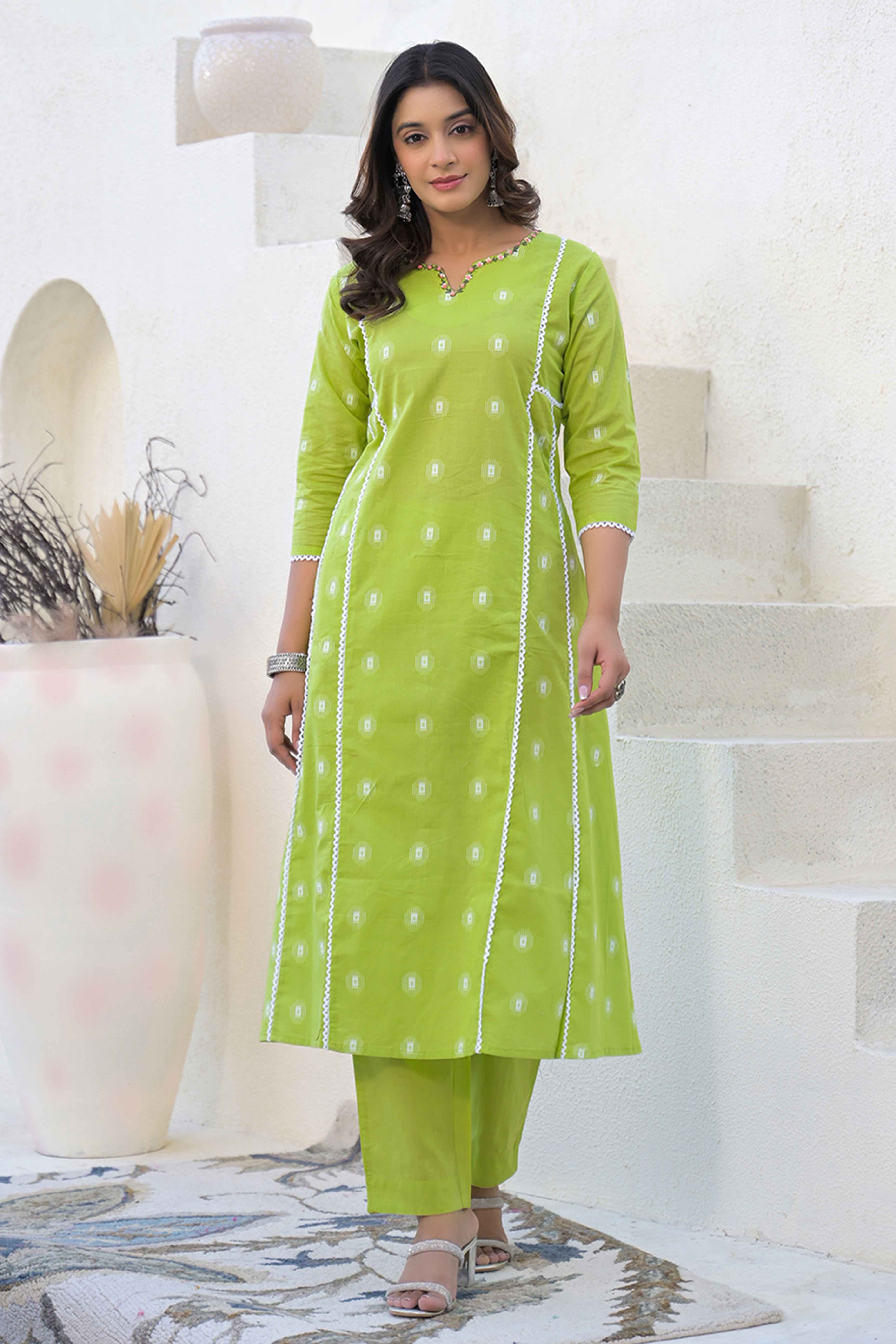 Parrot Green Floral Printed Cotton Top Bottom Set with Neck Detailing