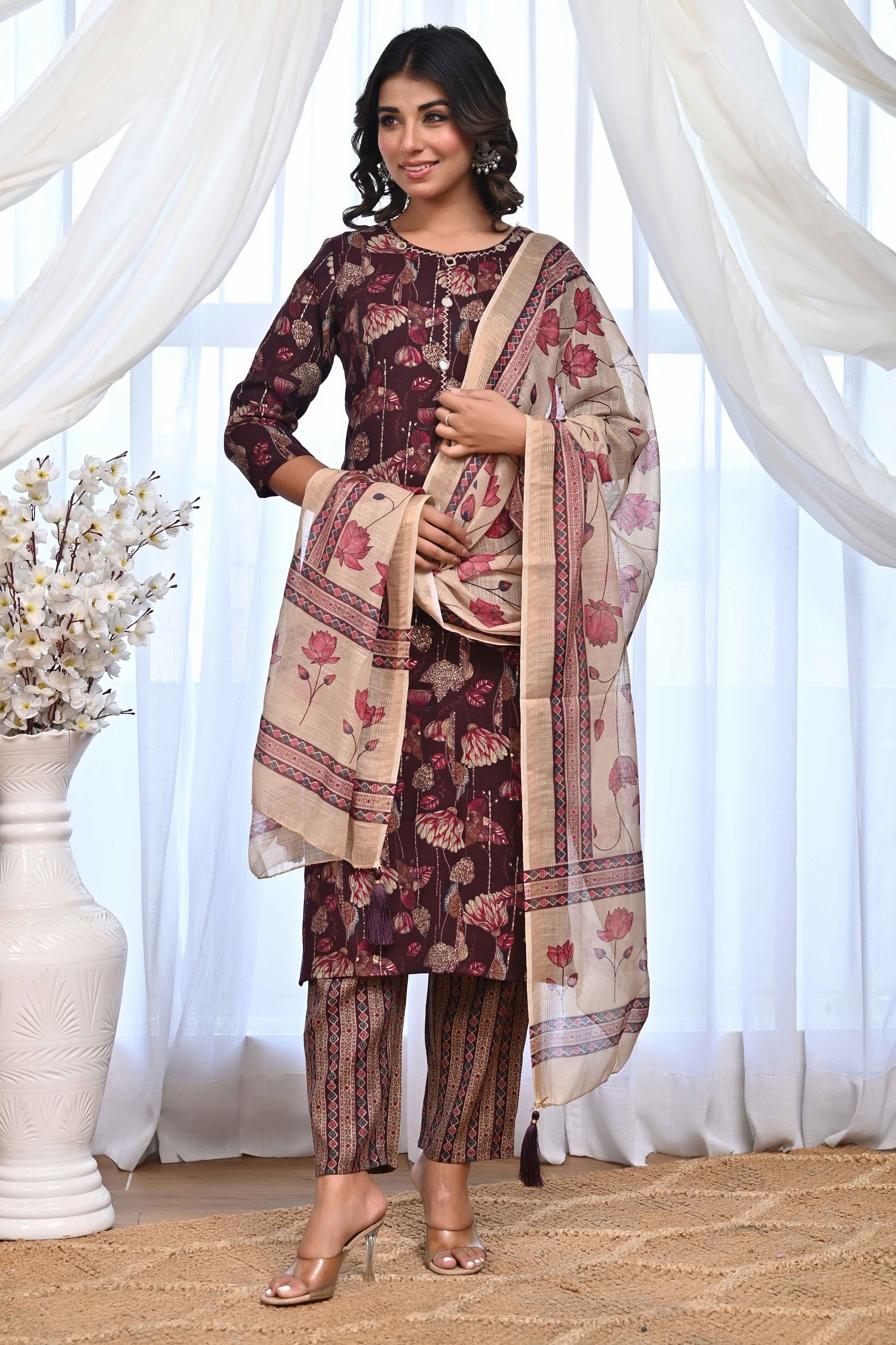 Elegant Wine Rayon Salwar Suit With Floral Prints & Mirror Thread Embellishments