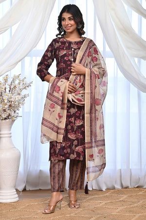 Elegant Wine Rayon Salwar Suit With Floral Prints & Mirror Thread Embellishments