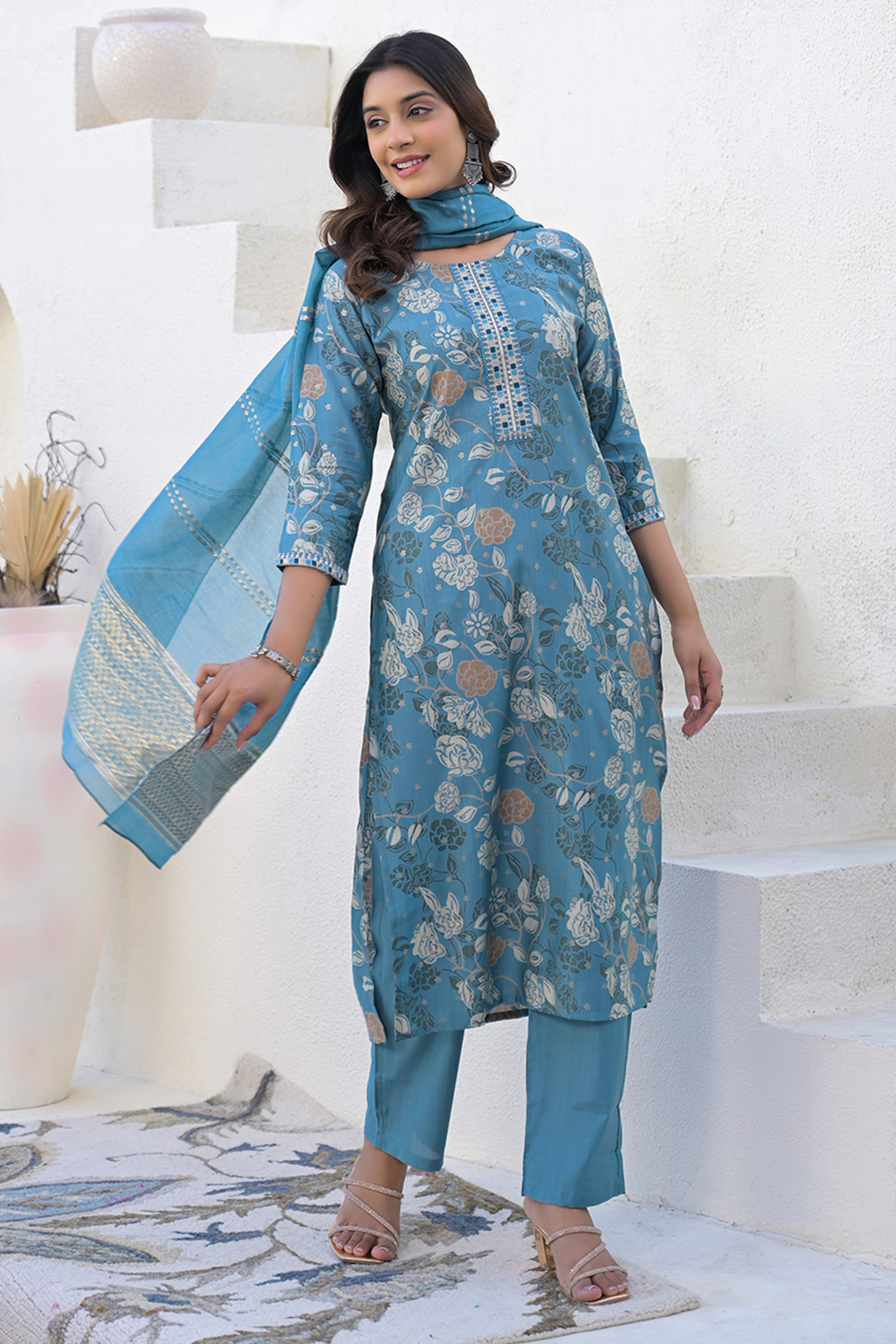 Blue Straight Viscose Salwar Suit With Delicate Floral Prints
