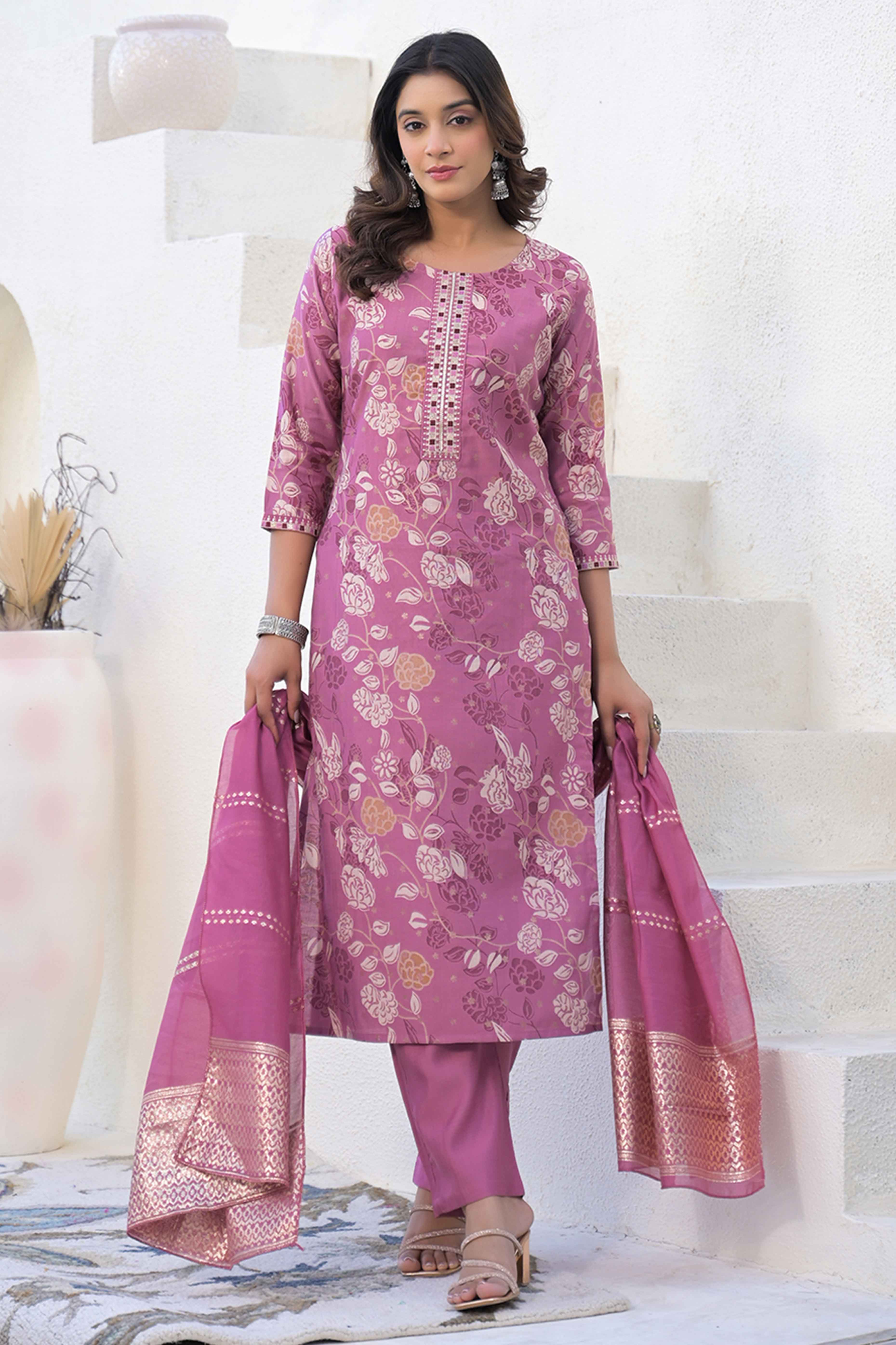 Light Purple Straight Viscose Salwar Suit With Delicate Floral Prints