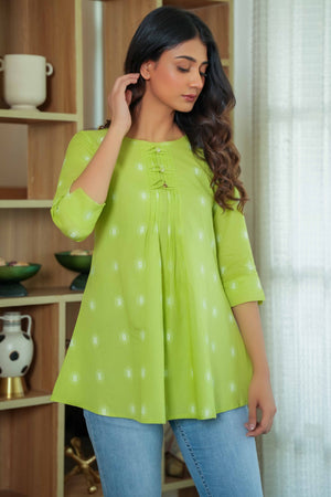 Parrot Green Short Cotton Top with Structured Geometric Weaves