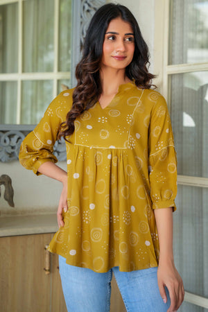 Casual Chic Rayon Mustard A-Line Top with Abstract Motif