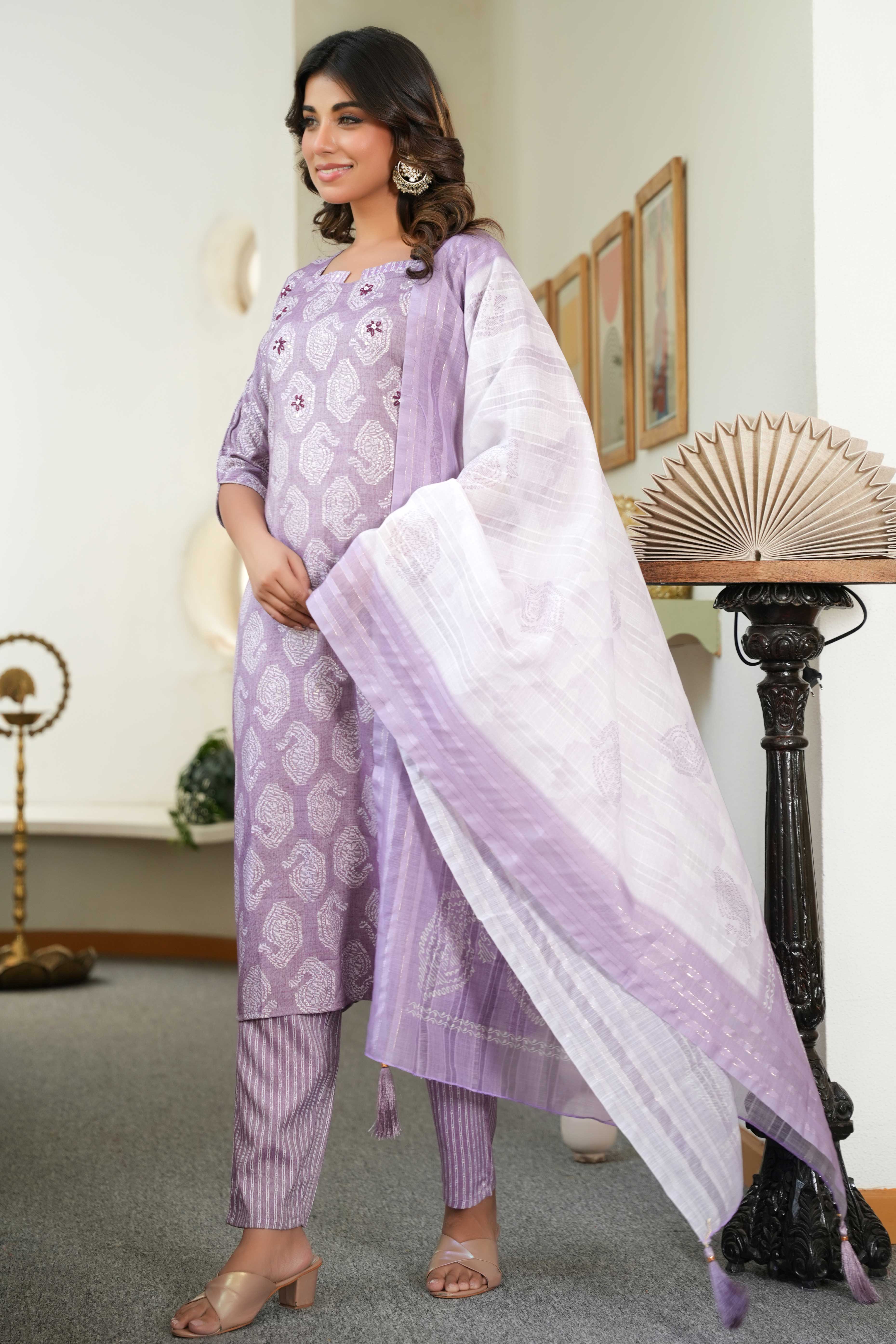 Refreshing Lavender Printed Rayon Straight Salwar Suit With Delicate Floral Sequins Embroidery Work